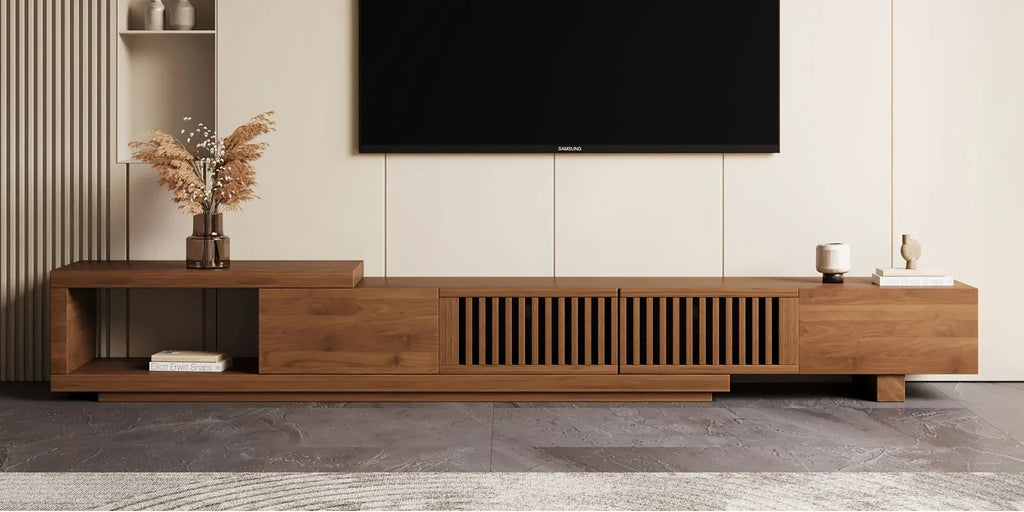Retractable Grid TV Cabinet Walnut 198.12-261.62 cm Extension Modern Living Room Furniture with 2 Drawers 2 Storage, Home Entertainment Unit, Media Console, Stylish Cabinet, Sleek Furniture, Durable Hardwood, Sturdy Build, Sp