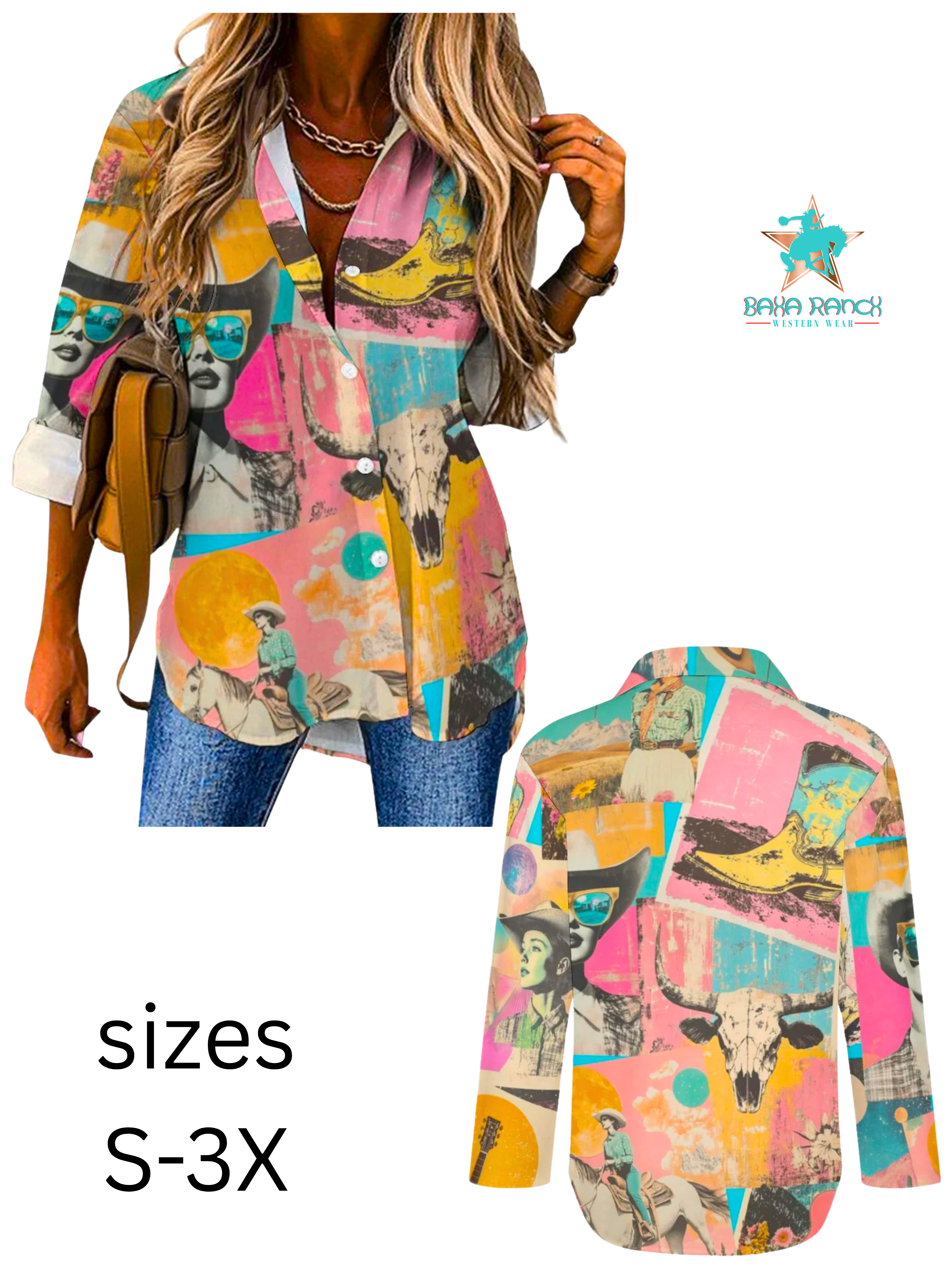 Baha Ranch Pop Western Retro Cowgirl Collage Button Up Blouse