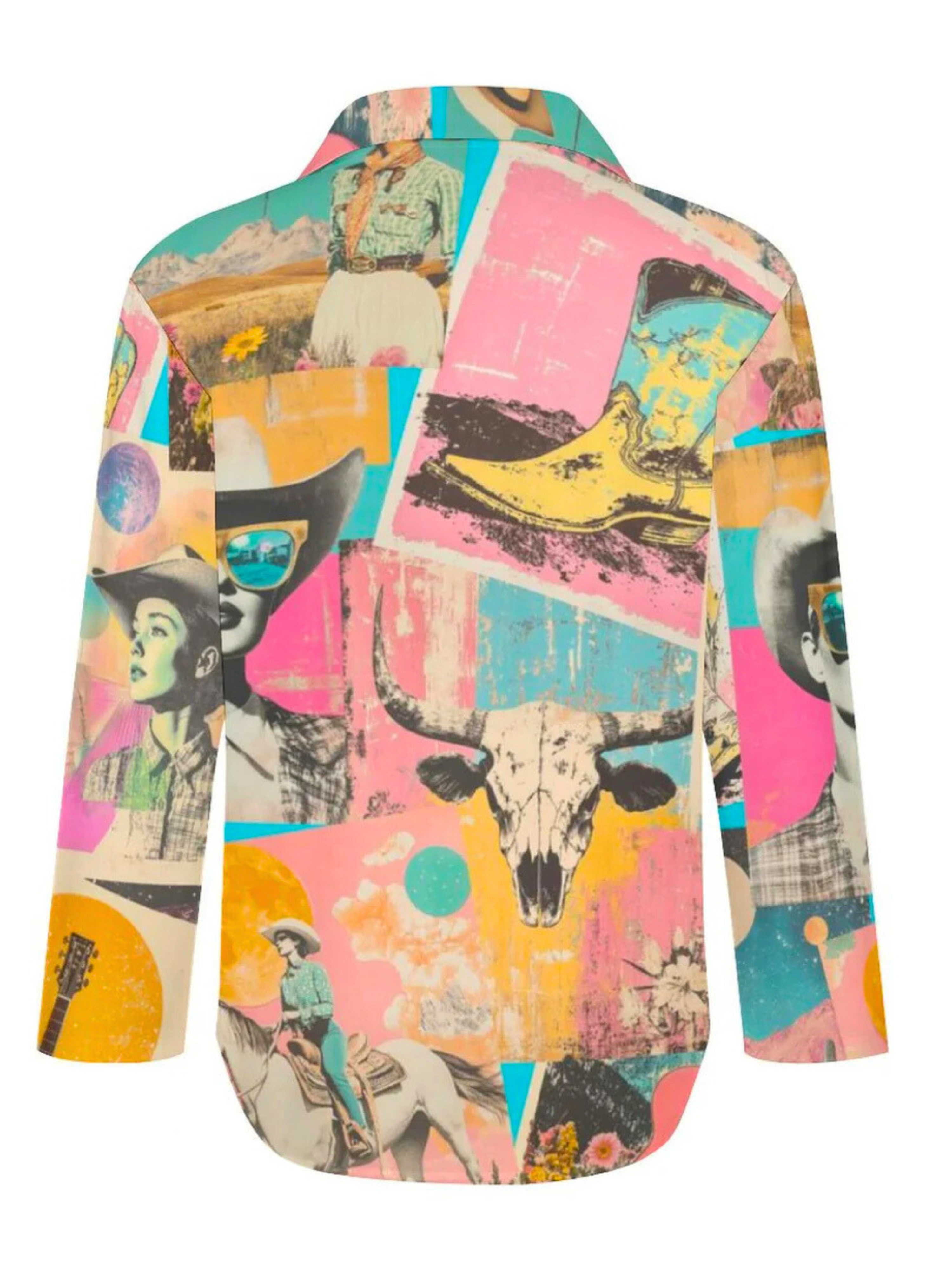 Baha Ranch Pop Western Retro Cowgirl Collage Button Up Blouse