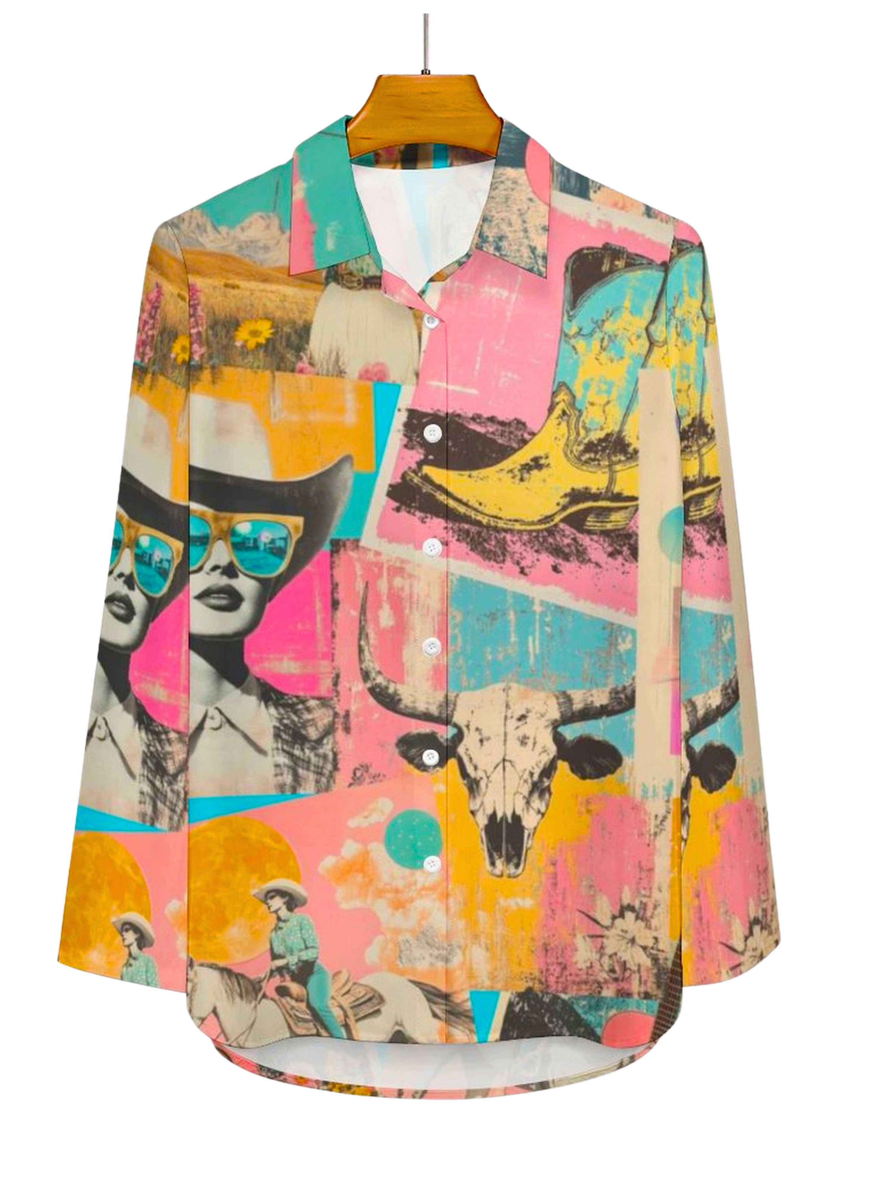 Baha Ranch Pop Western Retro Cowgirl Collage Button Up Blouse
