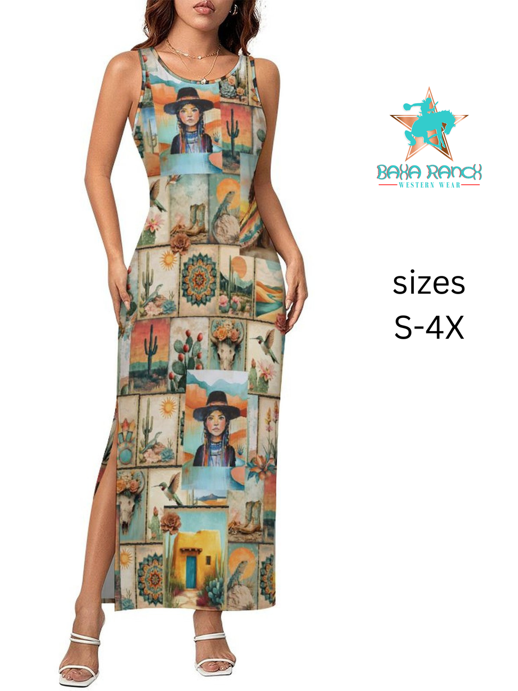 Baha Ranch Colores de Mexico Pictures of the Southwest Sleeveless Bodycon Side Slit Long Dress