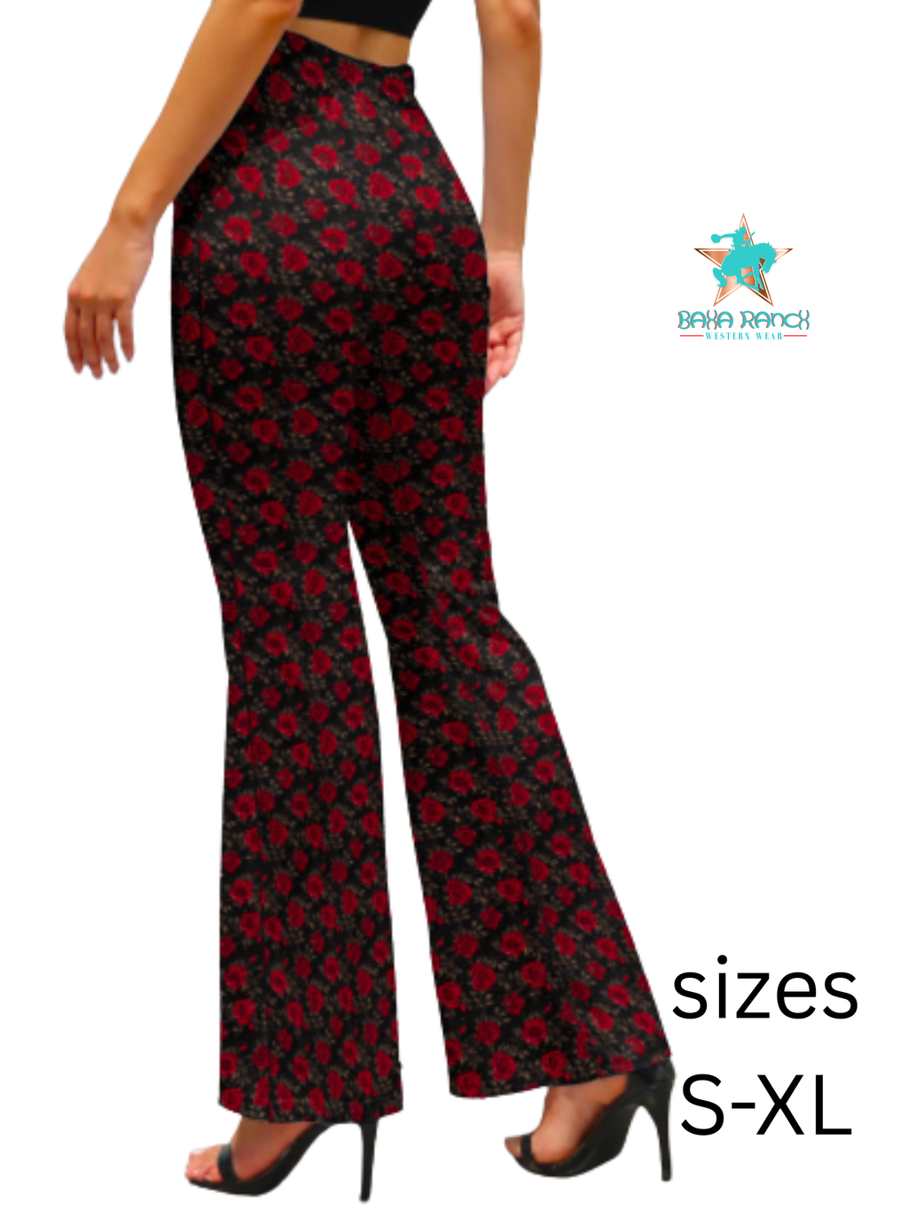 Baha Ranch Colores de Mexico Romantic Red Roses Flare Pants