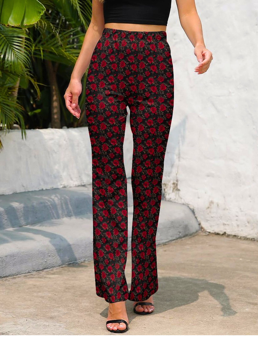 Baha Ranch Colores de Mexico Romantic Red Roses Flare Pants