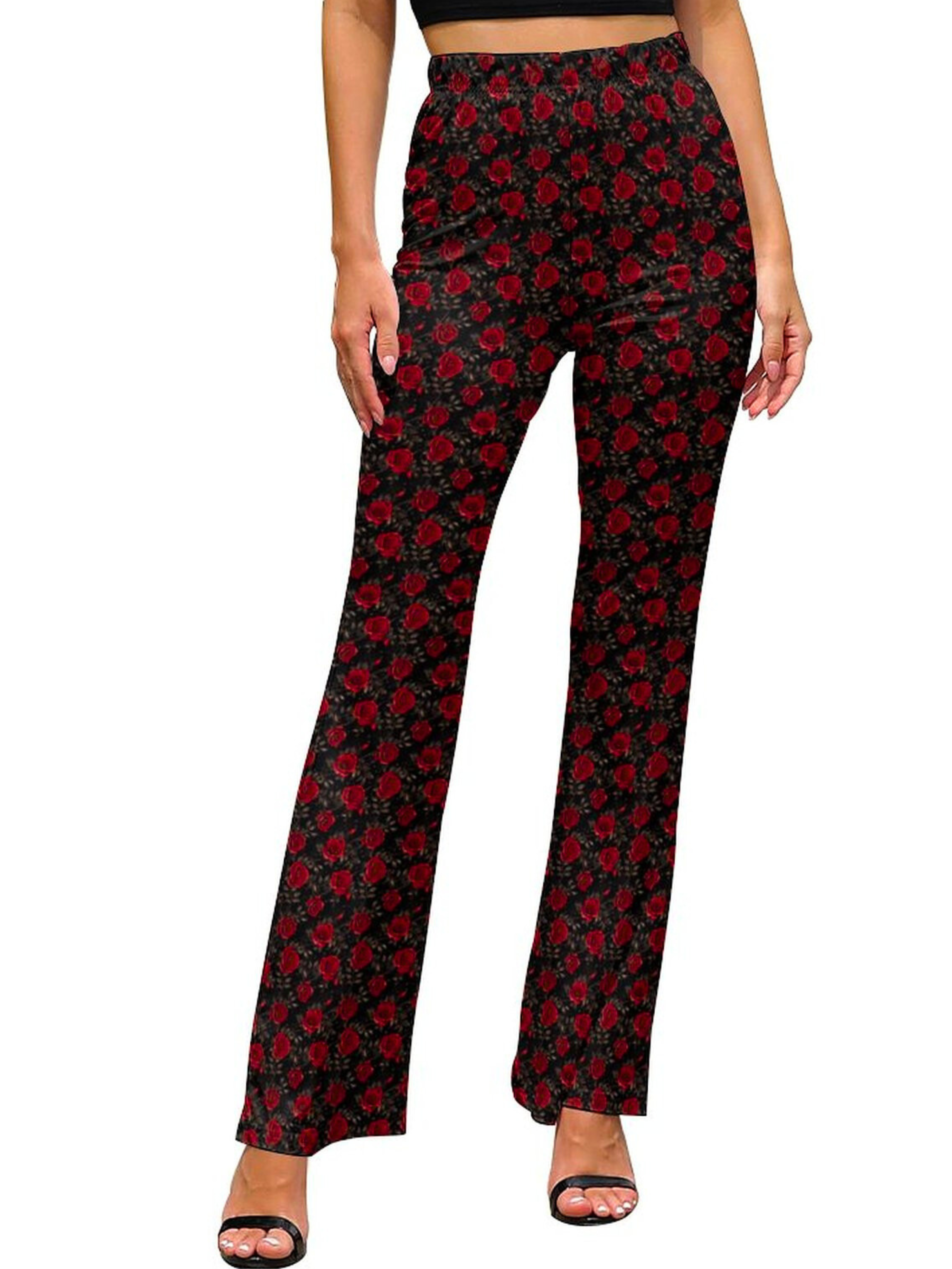 Baha Ranch Colores de Mexico Romantic Red Roses Flare Pants