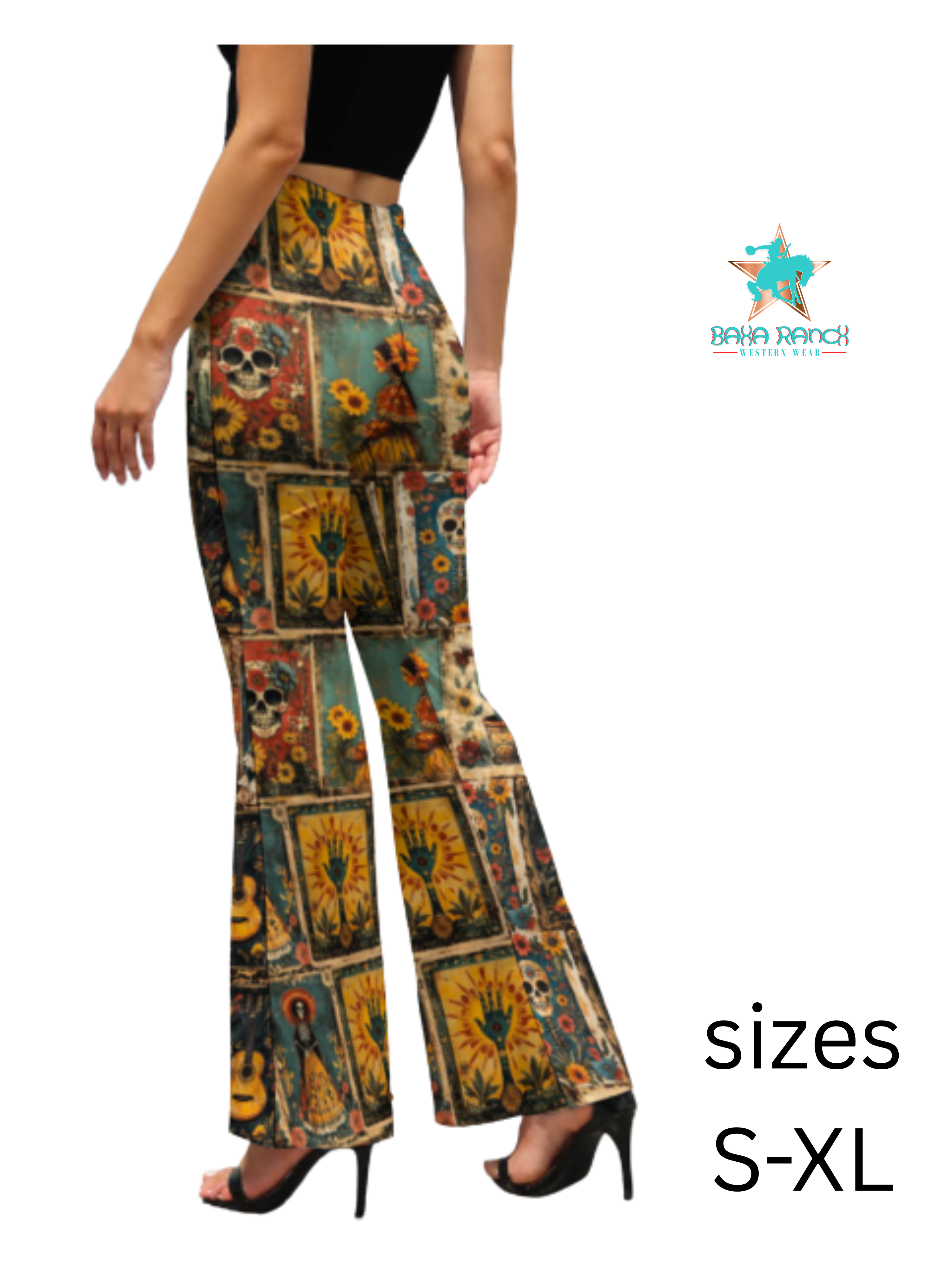 Baha Ranch Colores de Mexico Dia de los Muertes Flare Pants