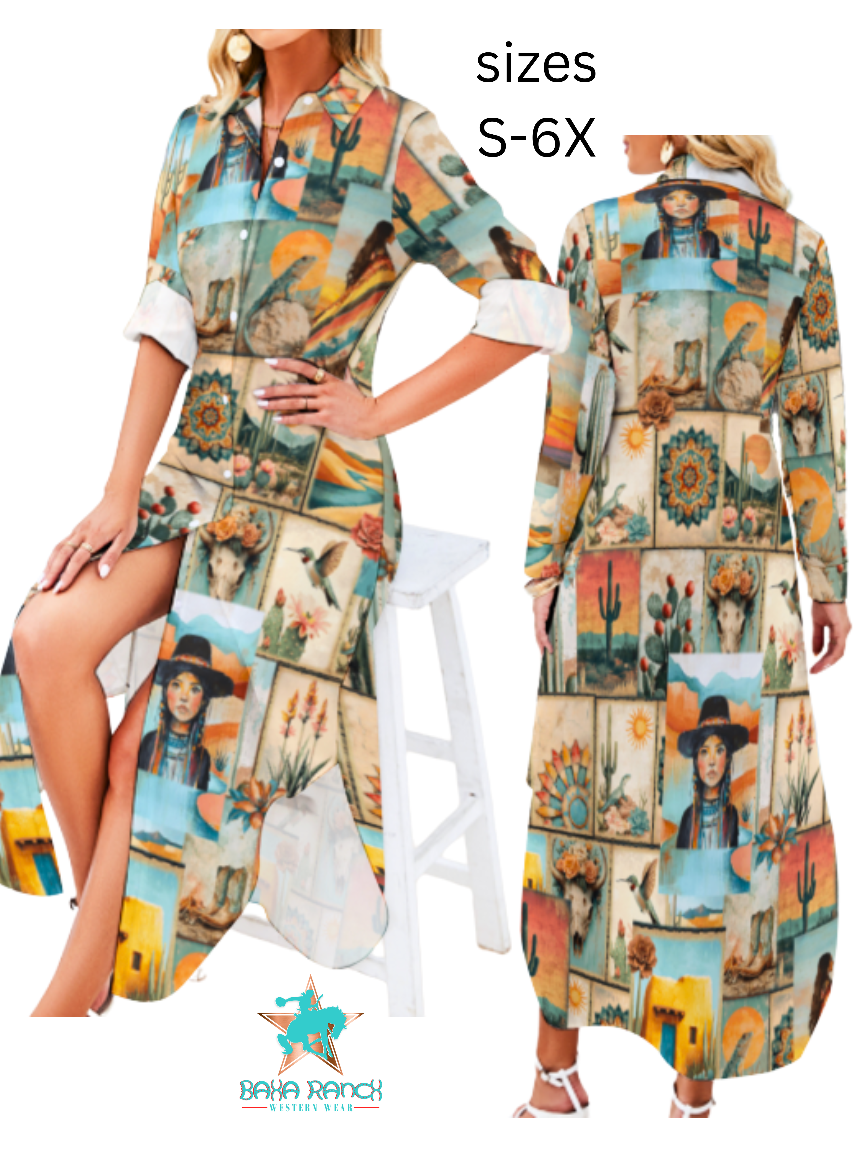 Baha Ranch Colores de Mexico Pictures of the Southwest Button-Up Long Sleeve Shirt Dress Duster
