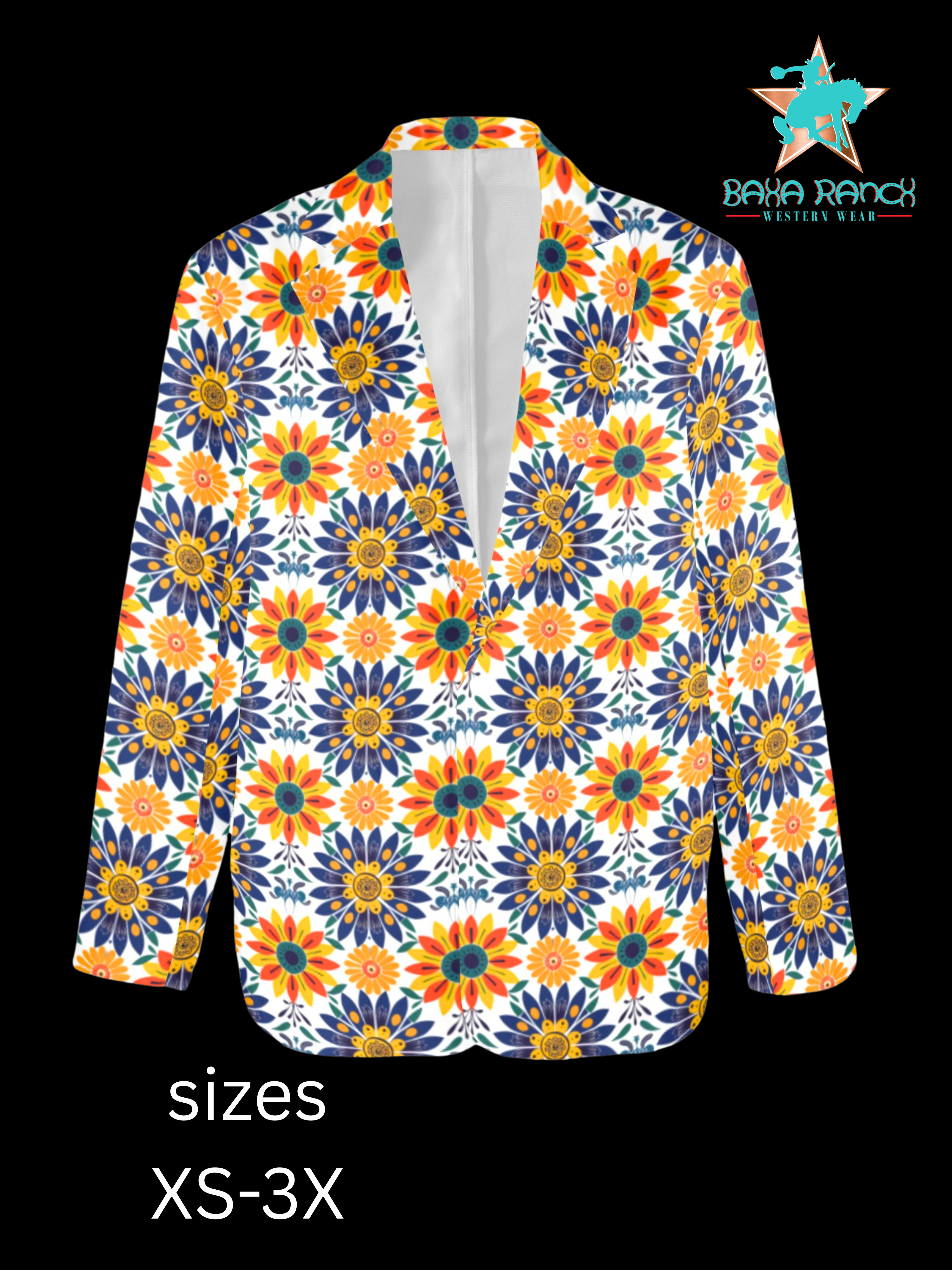 Baha Ranch Colores de Mexico Blue Yellow Mexican Floral Blazer