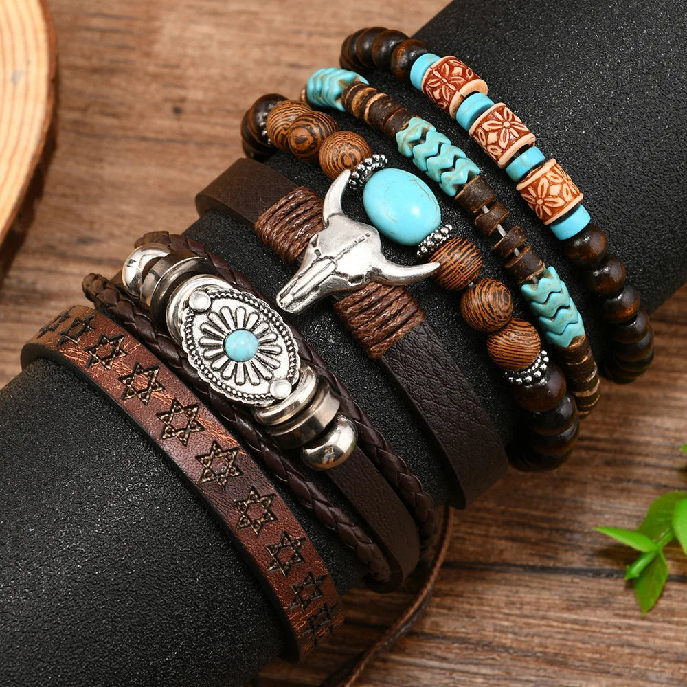 Western Denim style fashion men's leather bracelet skull cow head zinc alloy accessories 6-piece cowhide bracelet
