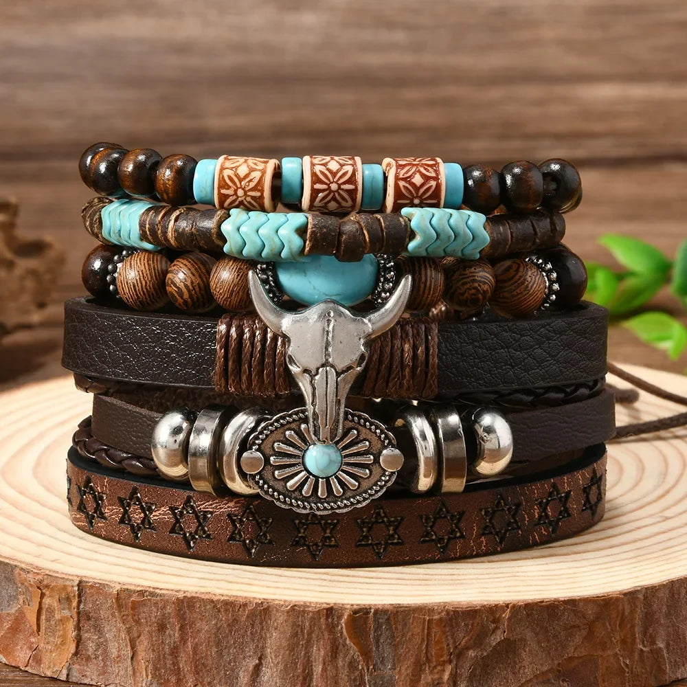 Western Denim style fashion men's leather bracelet skull cow head zinc alloy accessories 6-piece cowhide bracelet