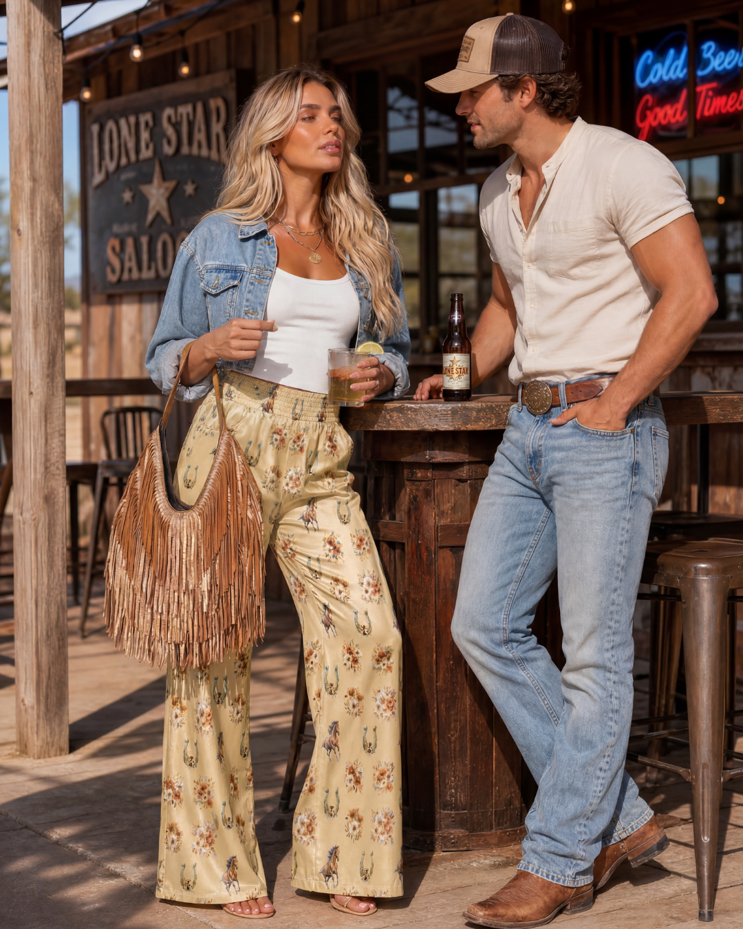 Baha Ranch Country Girl Floral Horse High Waisted Wide Leg Pants