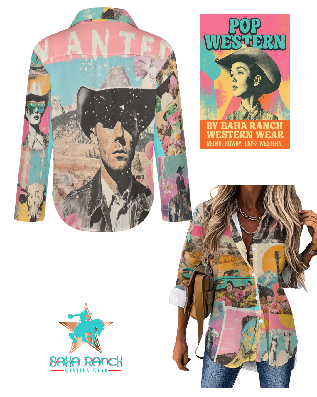 Baha Ranch Pop Western Wanted Button Up Blouse
