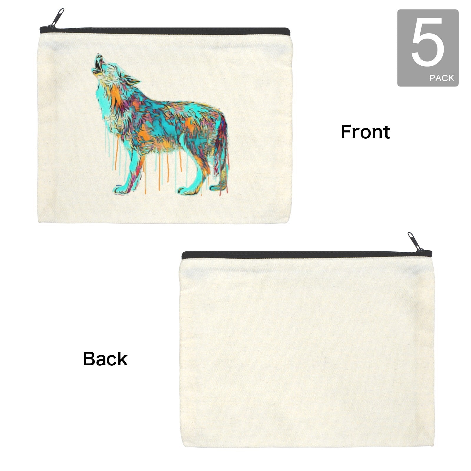 Baha Ranch Watercolor Wolf Cosmetic Bag Pack of 5 Made in America