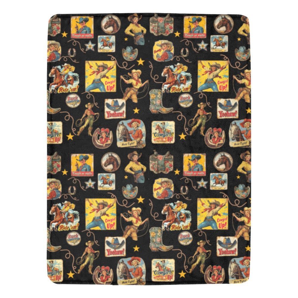 Baha Ranch Vintage Cowgirl Collage Micro Fleece Throw Blanket 60" x 80" Made in America