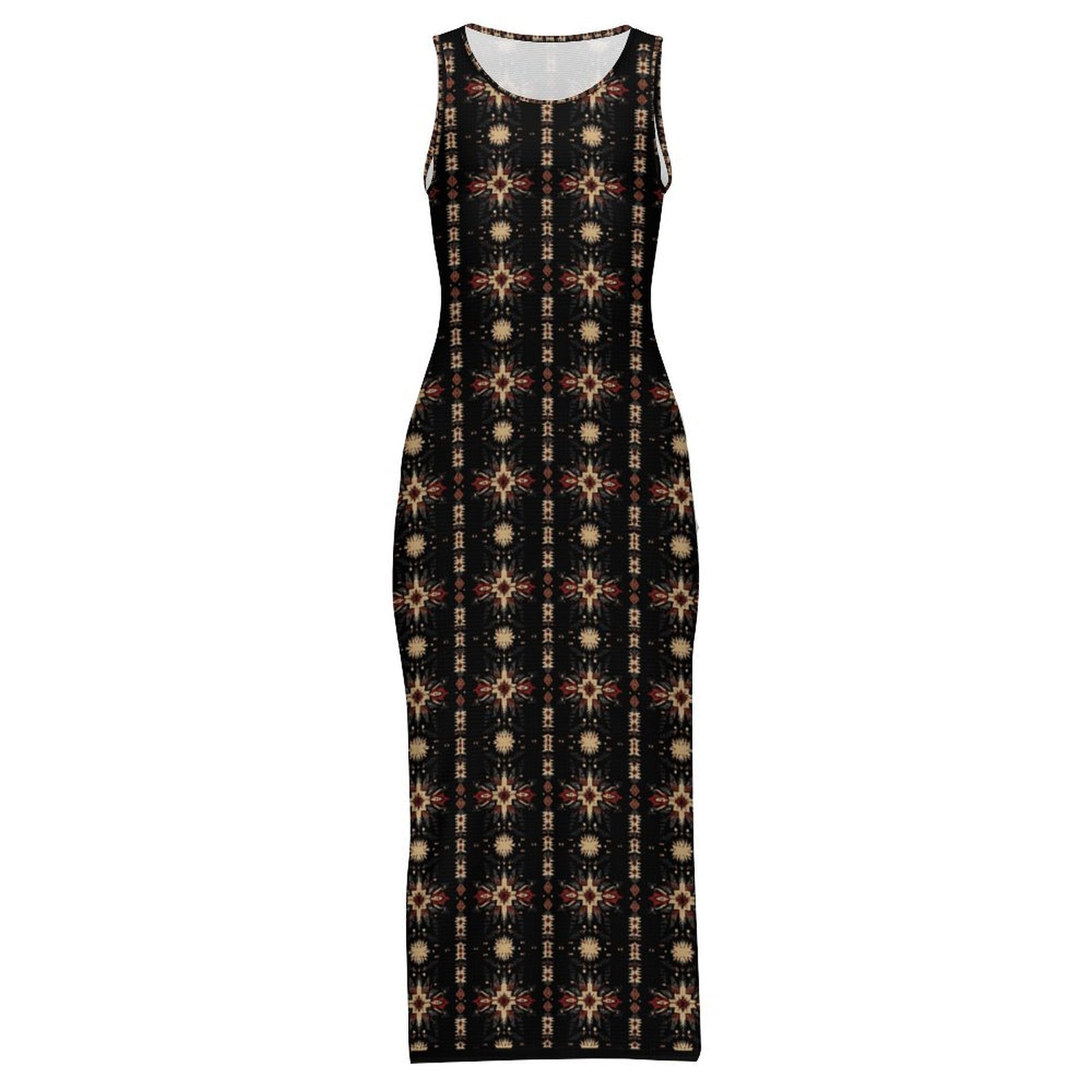 Baha Ranch Black and Tan Aztec Sleeveless Bodycon Side Slit Maxi Dress