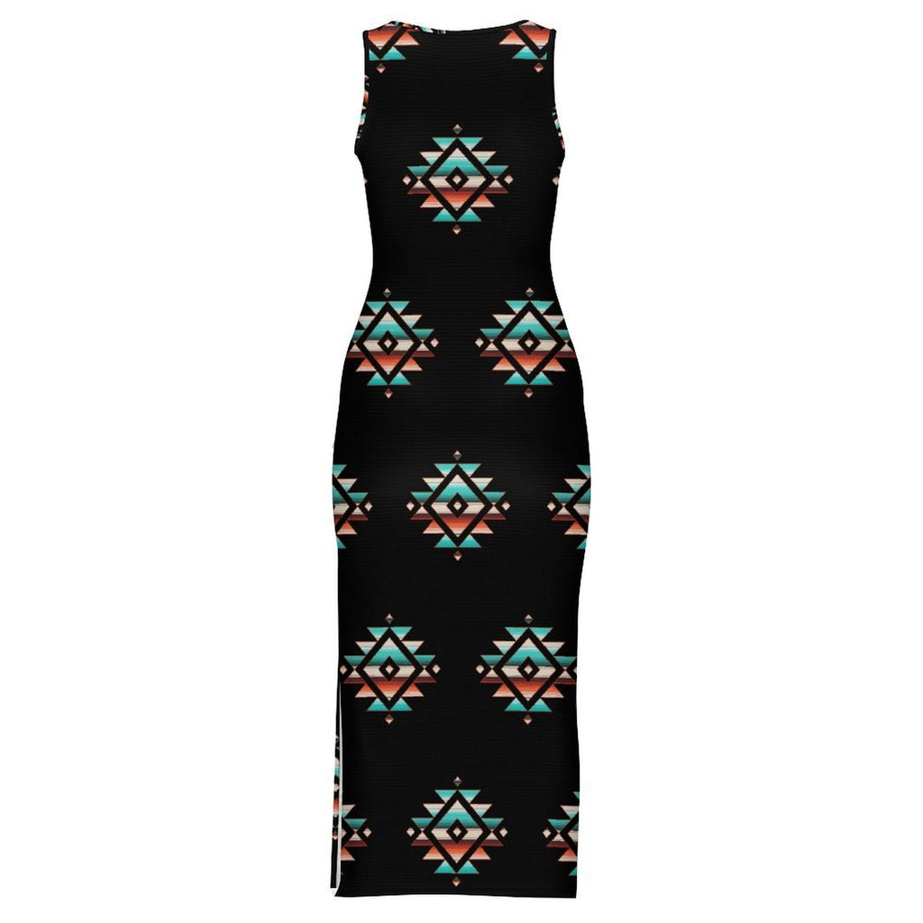 Baha Ranch Southwestern Aztec Sleeveless Bodycon Side Slit Western Maxi Dress