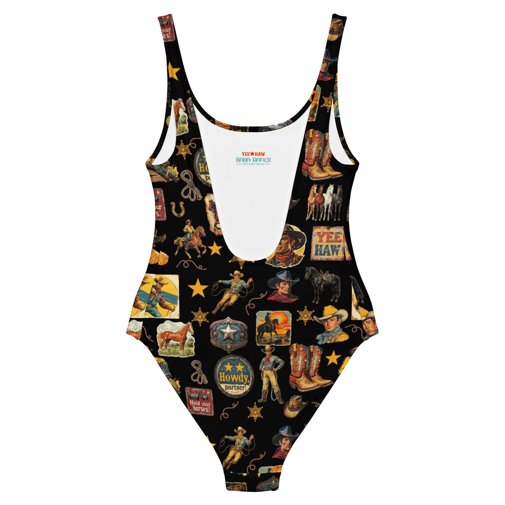 Baha Ranch Yeehaw Vintage Cowboy Collage Western One-Piece Swimsuit