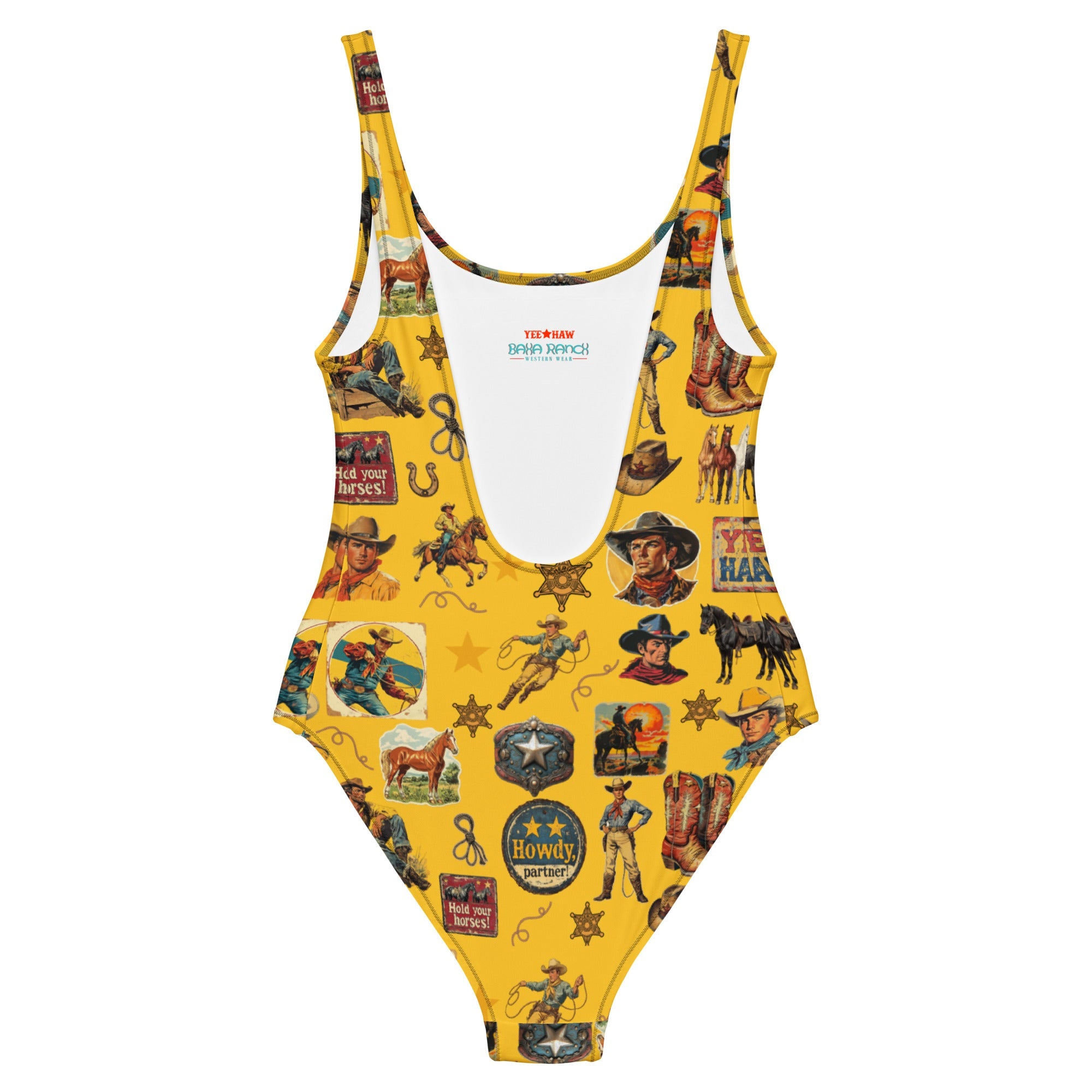 Baha Ranch Yeehaw Vintage Cowboy Collage Mustard One-Piece Swimsuit