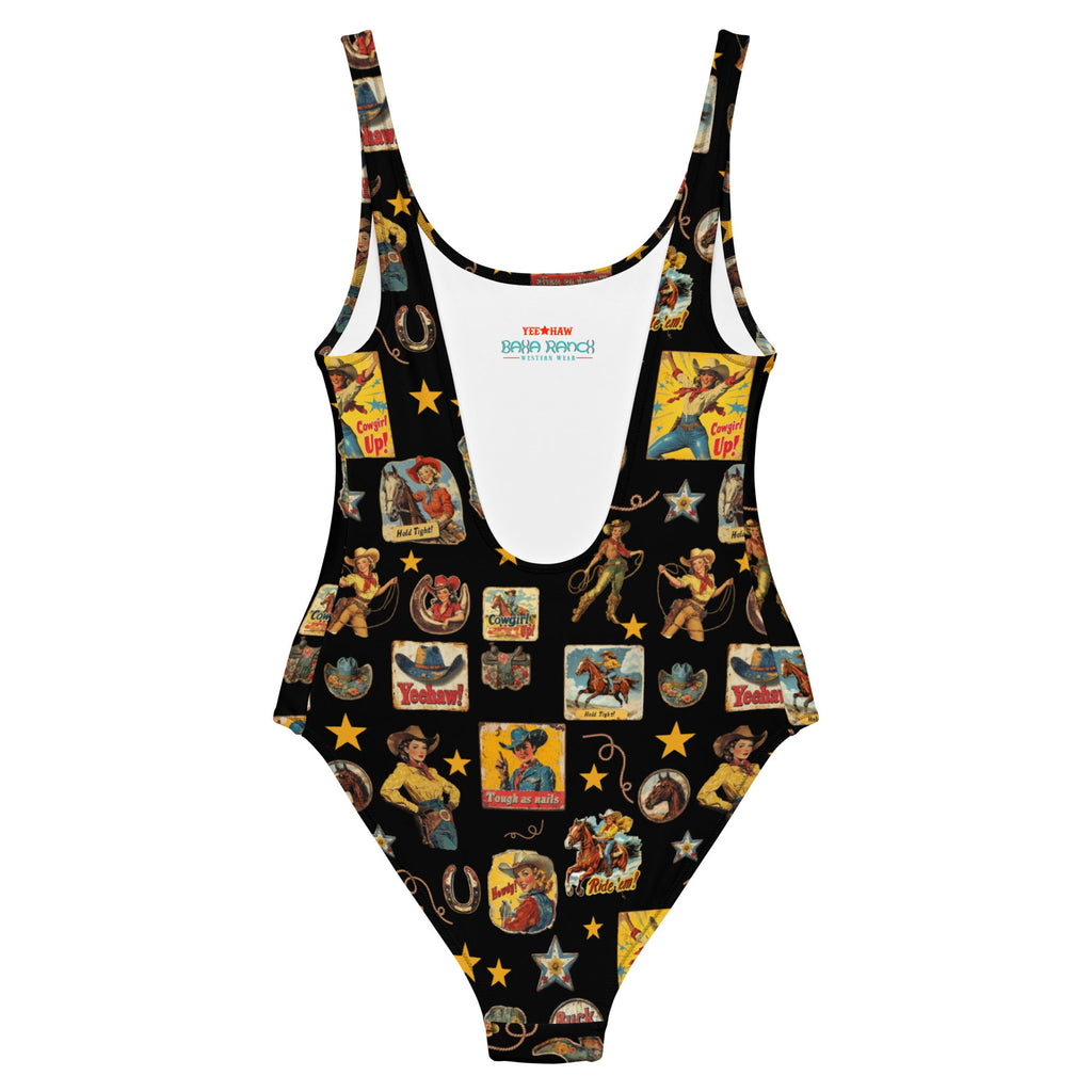 Baha Ranch Yeehaw Vintage Cowgirl Collage One-Piece Swimsuit
