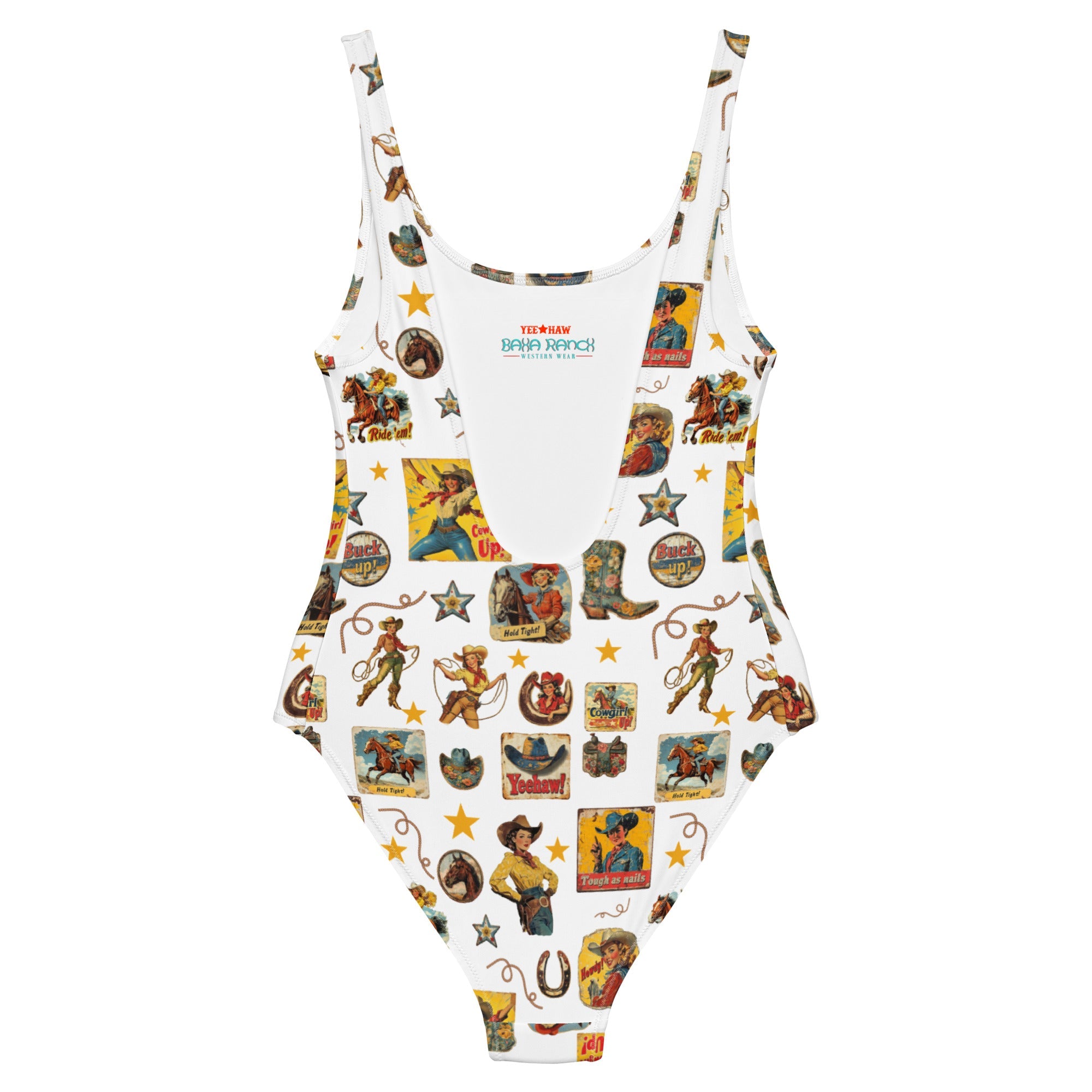 Baha Ranch Yeehaw Vintage Cowgirl Collage White One-Piece Swimsuit