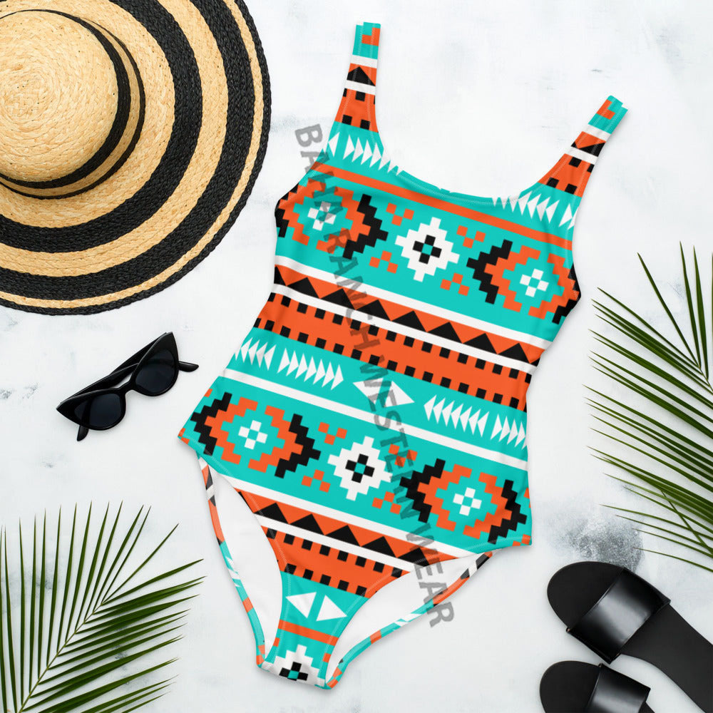 Baha Ranch Yeehaw Turquoise Orange Aztec One-Piece Swimsuit