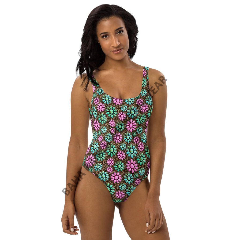 Baha Ranch Yeehaw Pink Turquoise Cowgirl One-Piece Swimsuit