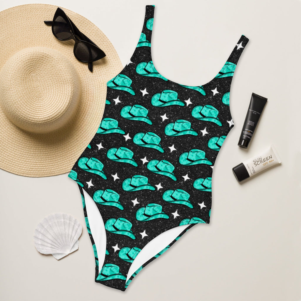 Baha Ranch Yeehaw Turquoise Hat One-Piece Swimsuit