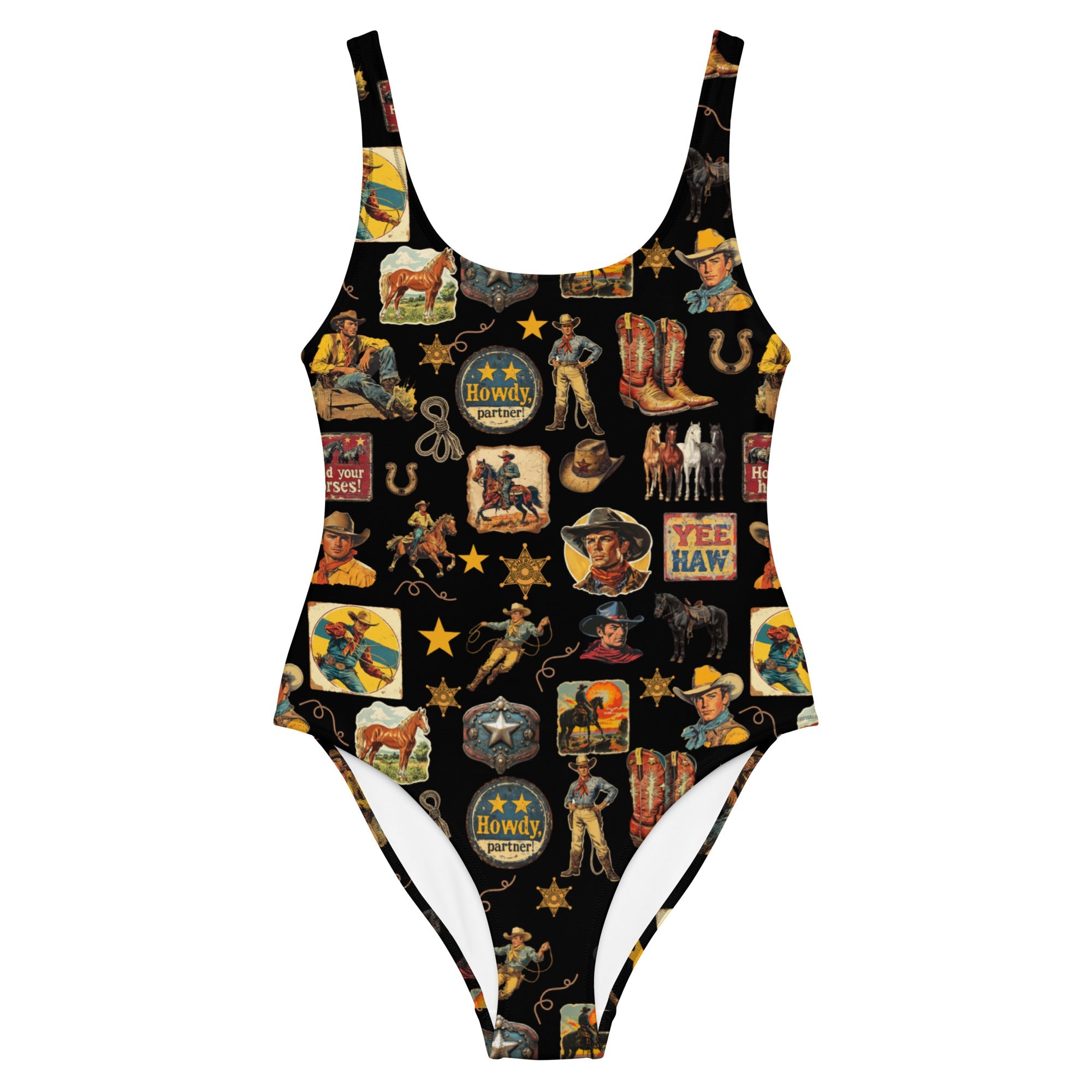 Baha Ranch Yeehaw Vintage Cowboy Collage Western One-Piece Swimsuit