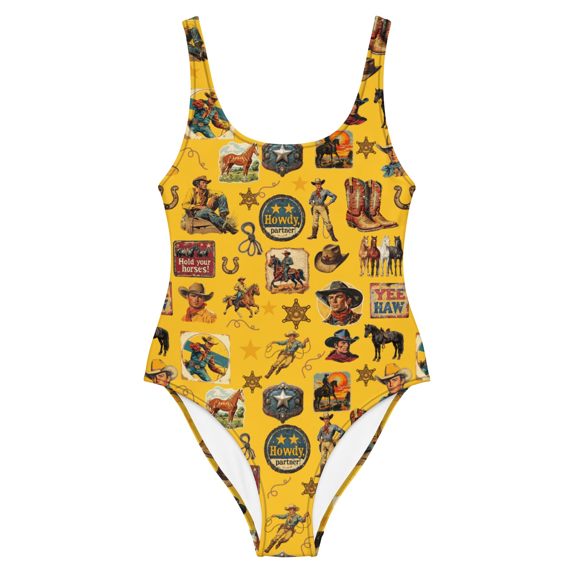 Baha Ranch Yeehaw Vintage Cowboy Collage Mustard One-Piece Swimsuit