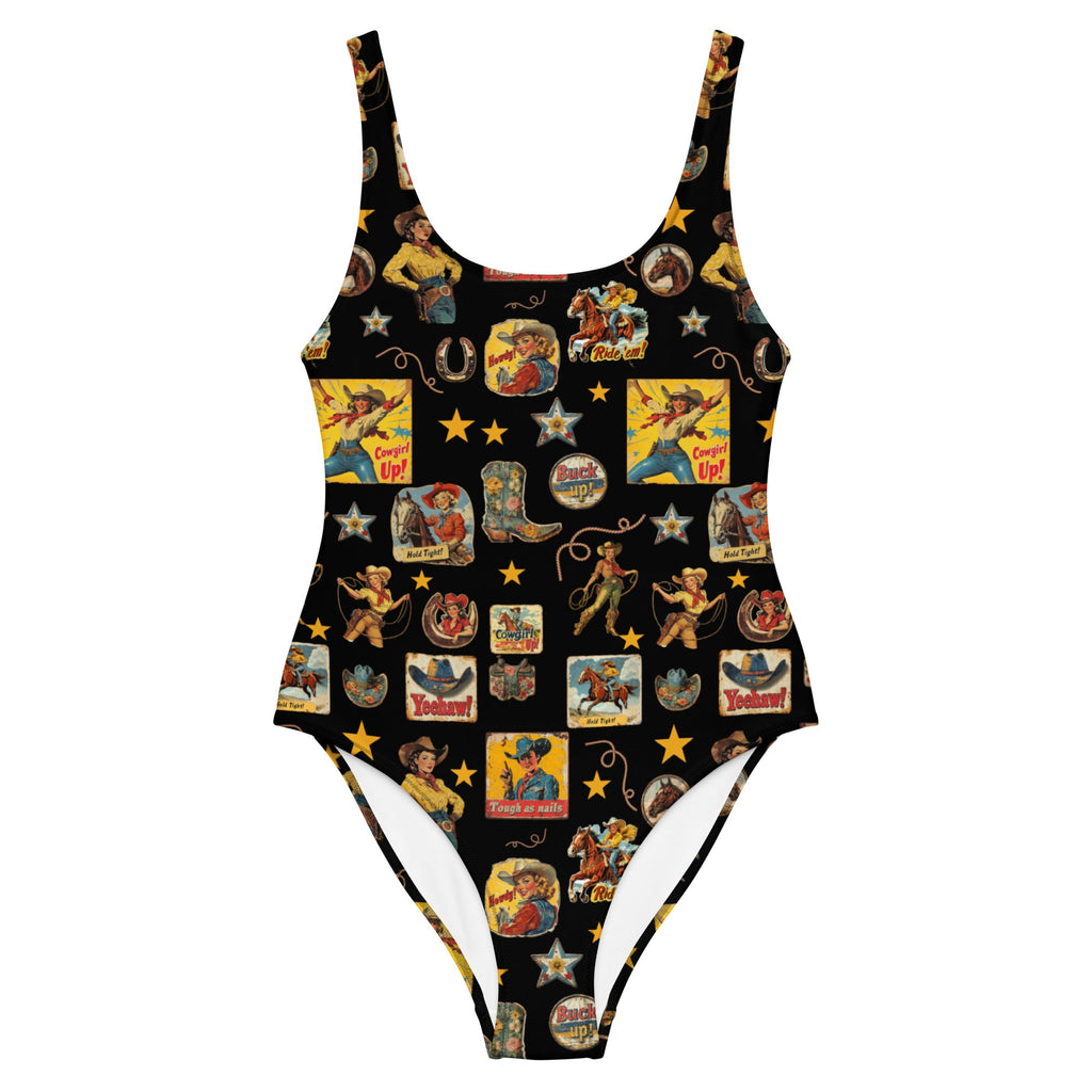 Baha Ranch Yeehaw Vintage Cowgirl Collage One-Piece Swimsuit