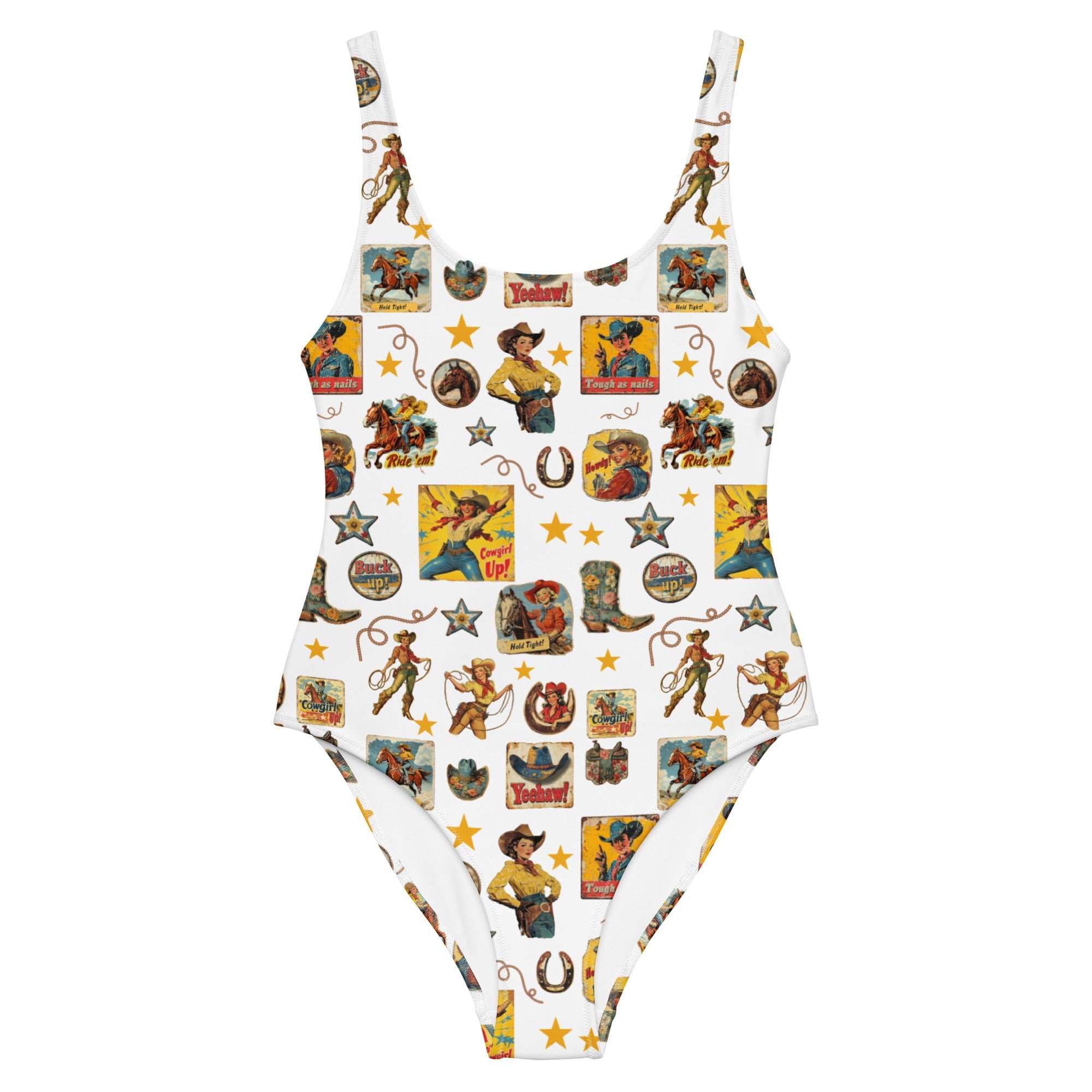 Baha Ranch Yeehaw Vintage Cowgirl Collage White One-Piece Swimsuit