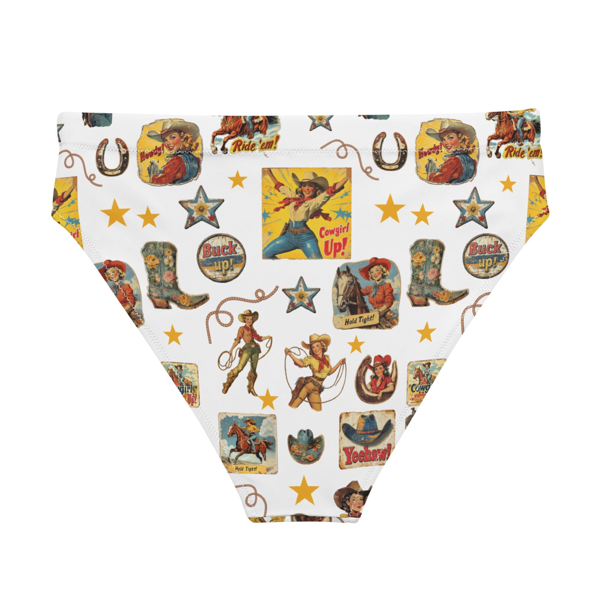 Baha Ranch Yeehaw Vintage Cowgirl Collage White Bikini Bottom