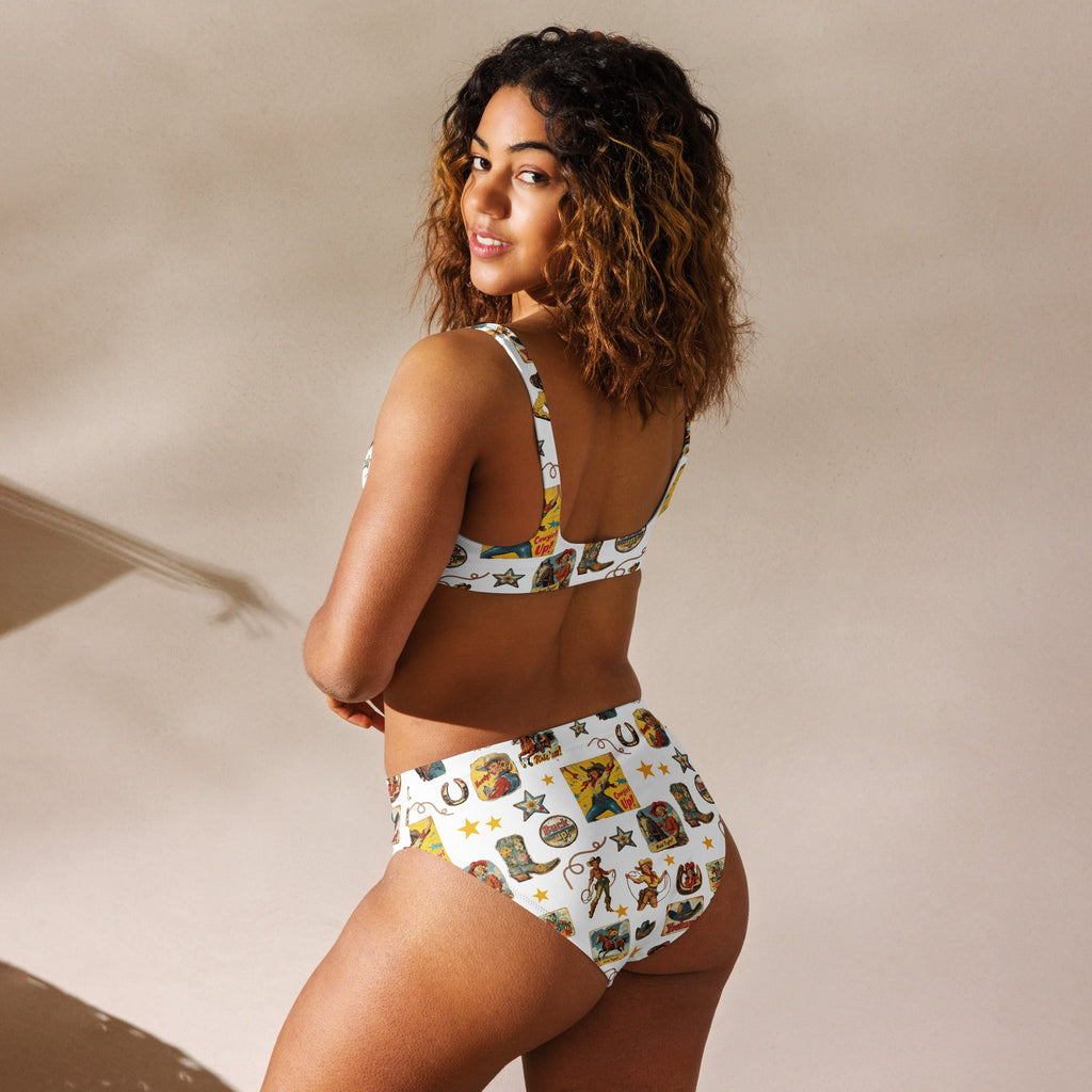Baha Ranch Yeehaw Vintage Cowgirl Collage White Bikini