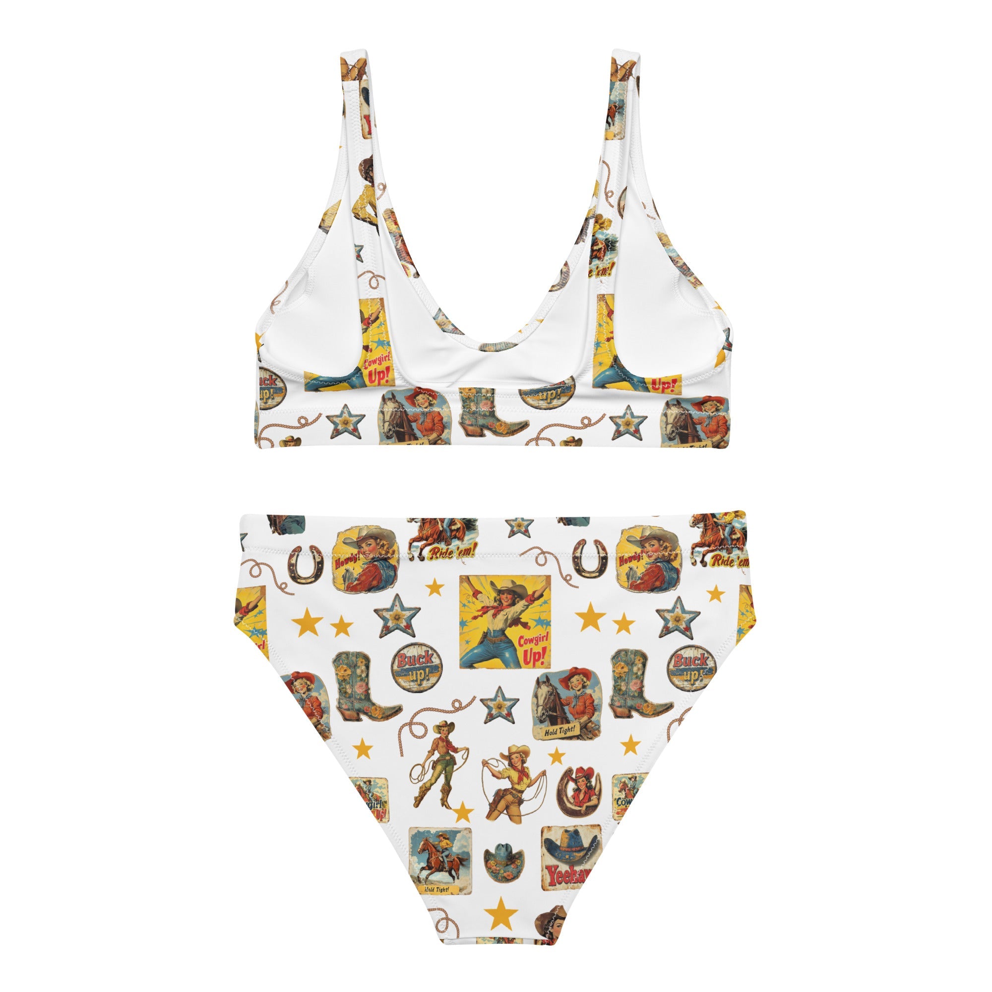 Baha Ranch Yeehaw Vintage Cowgirl Collage White Bikini