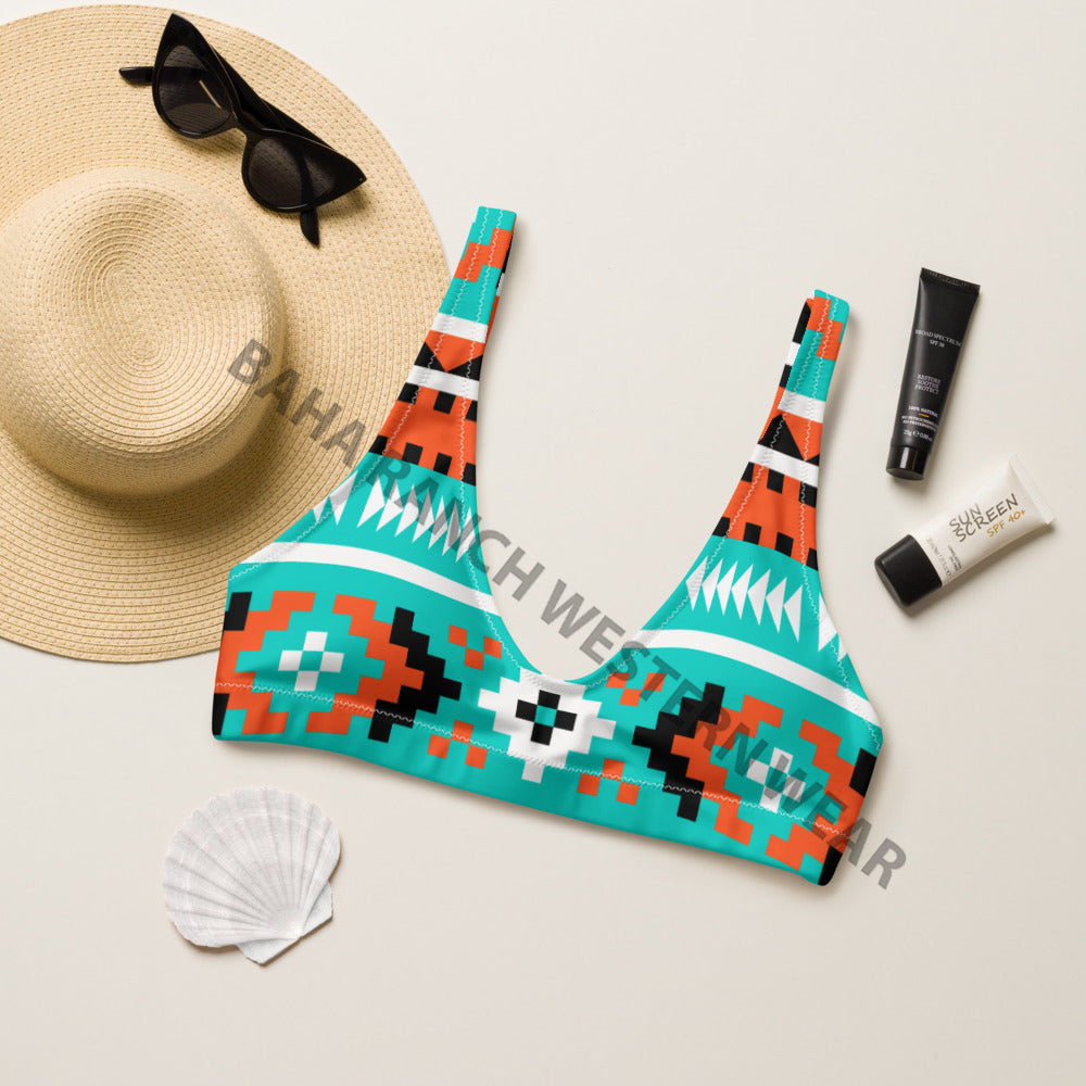 Baha Ranch Yeehaw Turquoise Orange Aztec Bikini Top