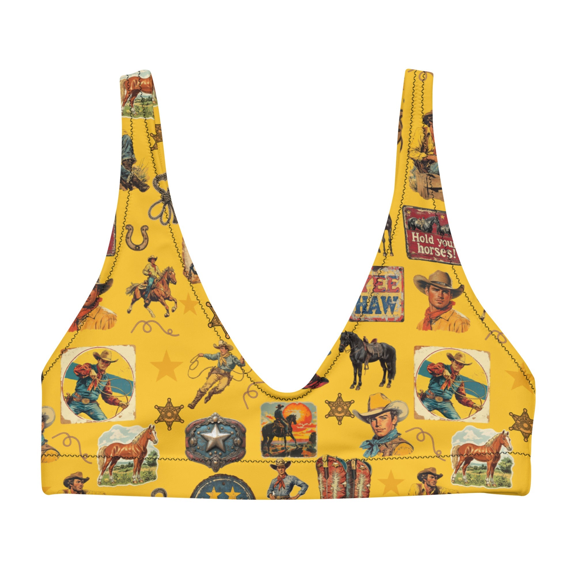 Baha Ranch Yeehaw Vintage Cowboy Collage Mustard Bikini Top