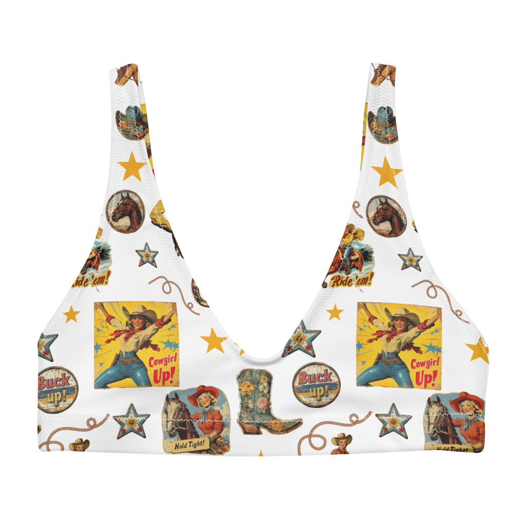 Baha Ranch Yeehaw Vintage Cowgirl Collage White Bikini Top
