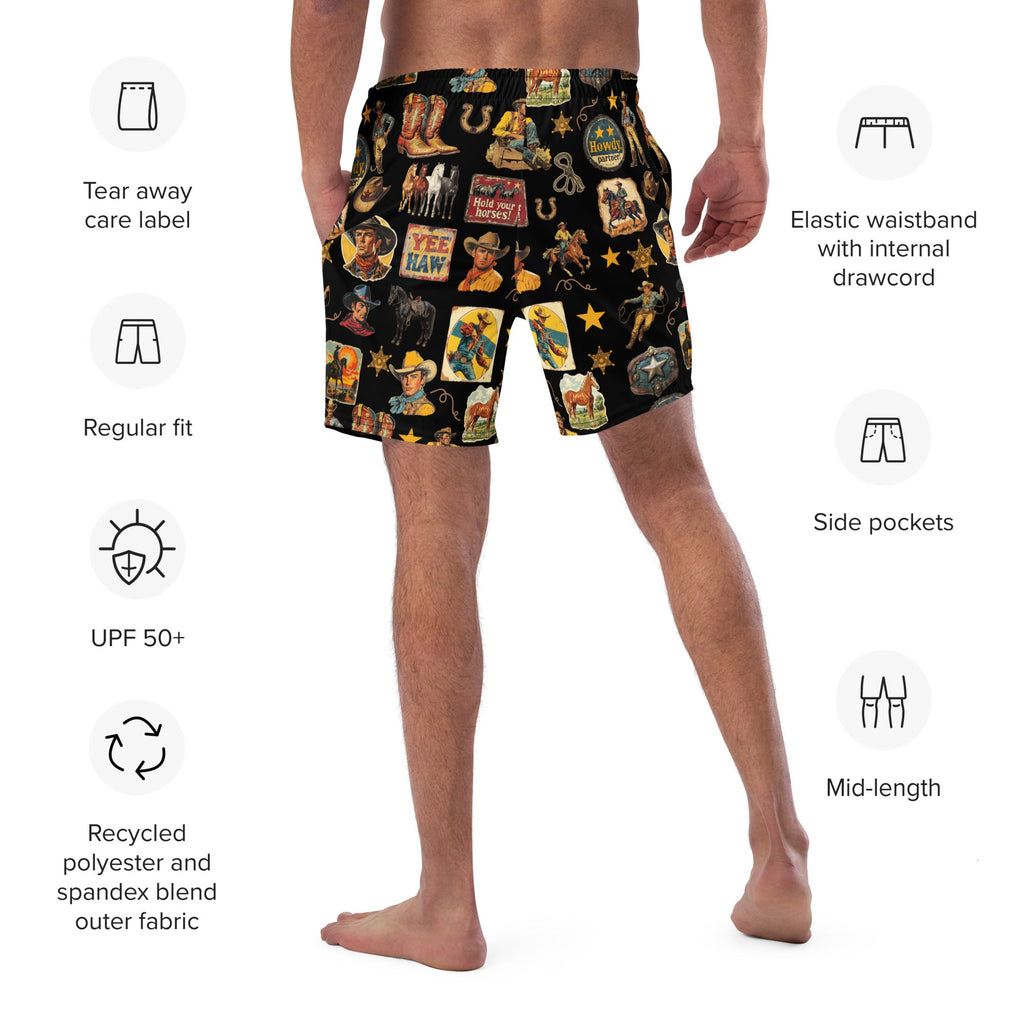 Baha Ranch YEEHAW Vintage Cowboy Collage Western Swim Trunks Shorts