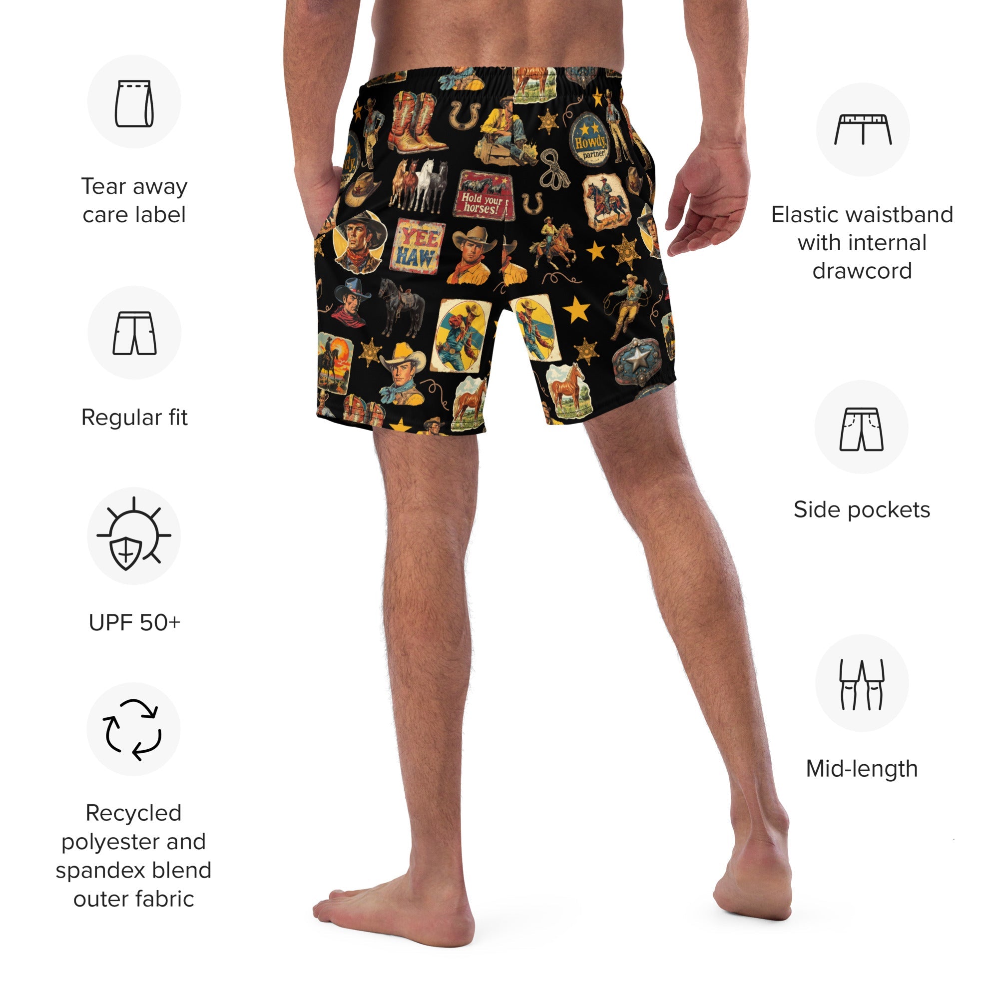 Baha Ranch YEEHAW Vintage Cowboy Collage Western Swim Trunks Shorts