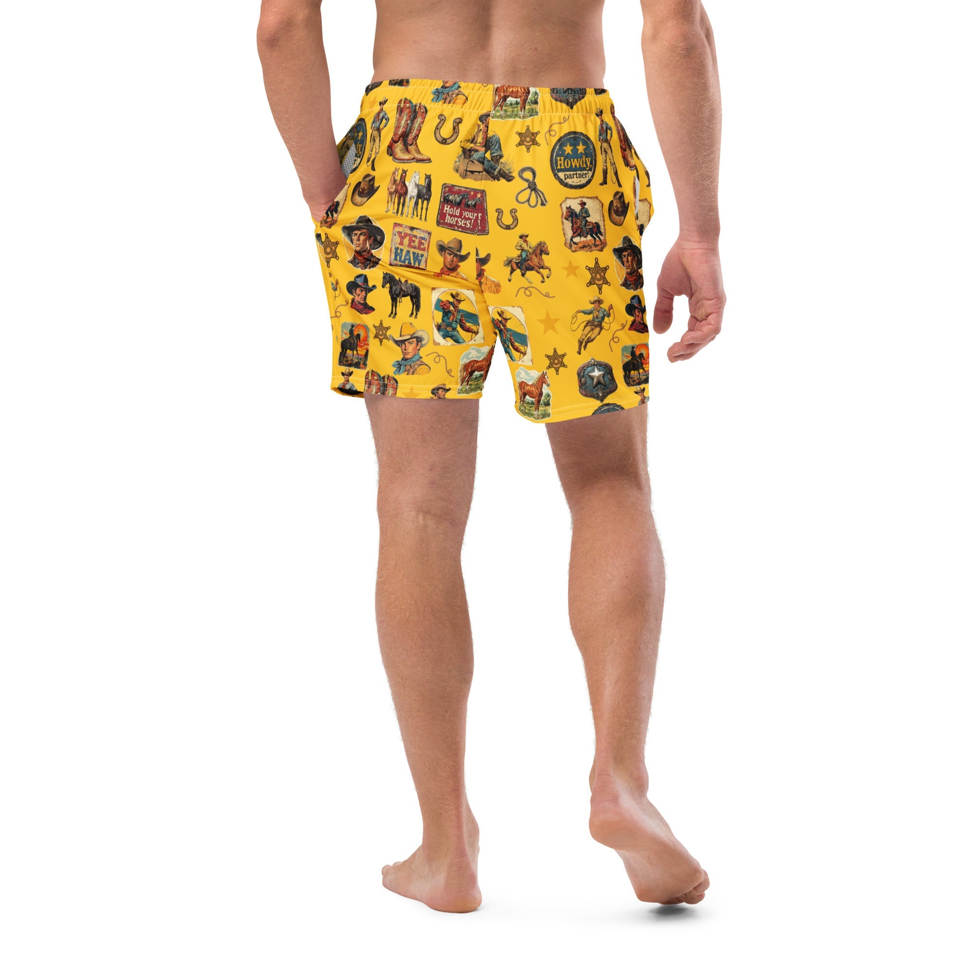Baha Ranch YEEHAW Vintage Cowboy Collage Western Swim Trunks Shorts