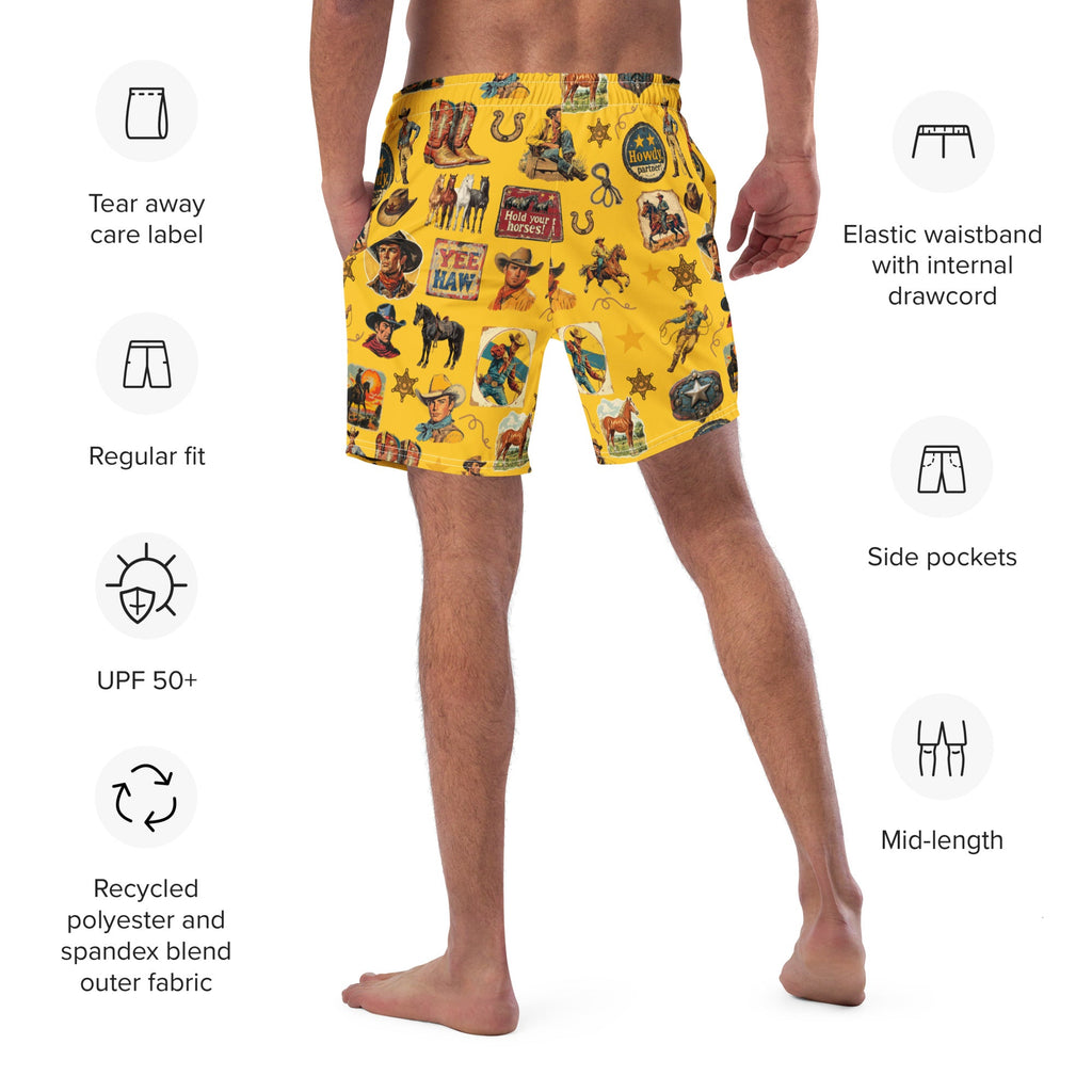 Baha Ranch YEEHAW Vintage Cowboy Collage Western Swim Trunks Shorts