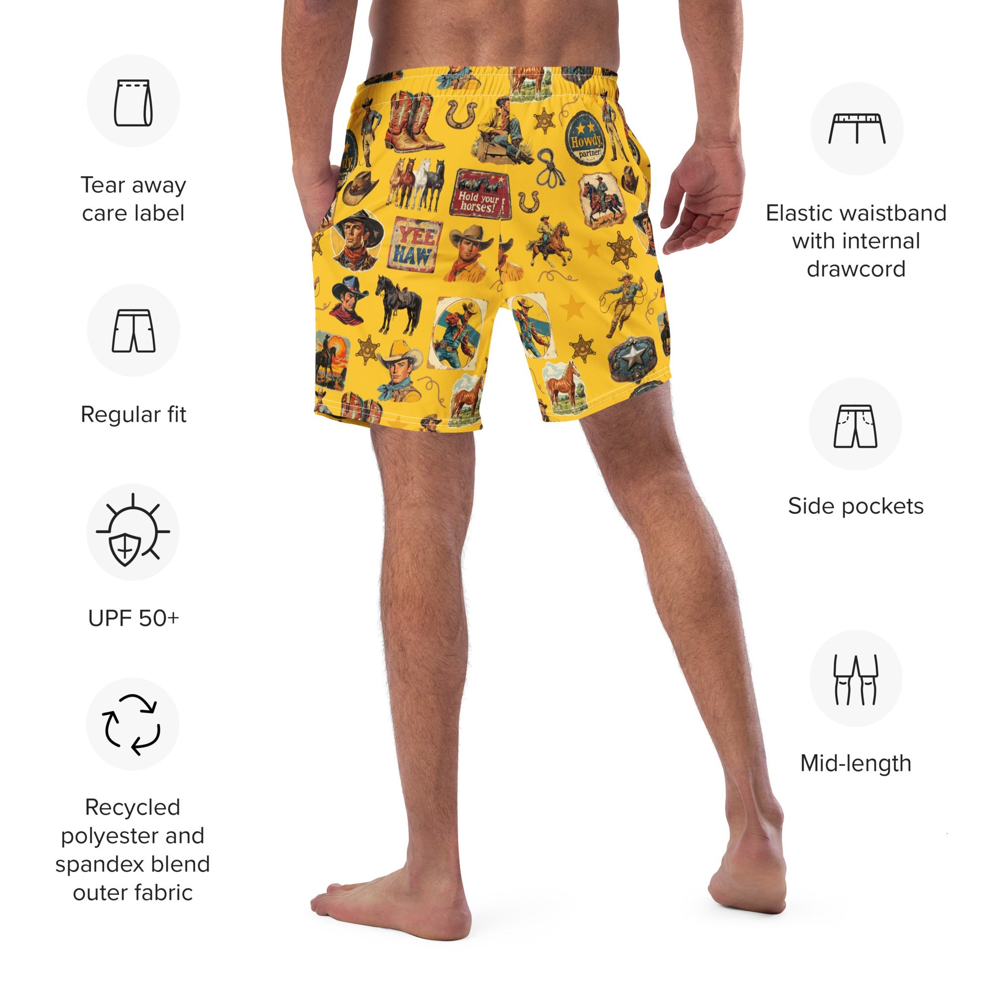 Baha Ranch YEEHAW Vintage Cowboy Collage Western Swim Trunks Shorts