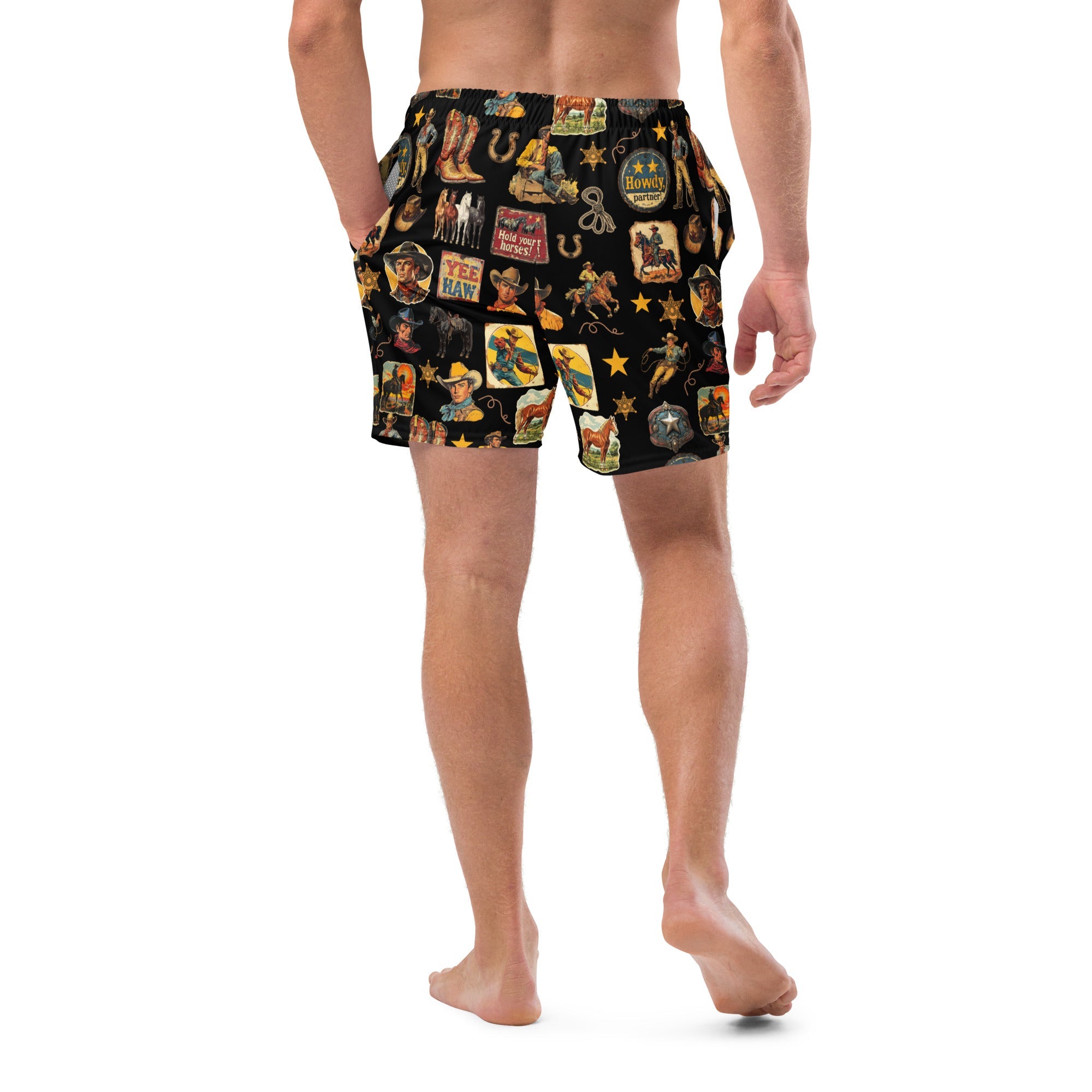 Baha Ranch Yeehaw Vintage Cowboy Collage Swim Trunks