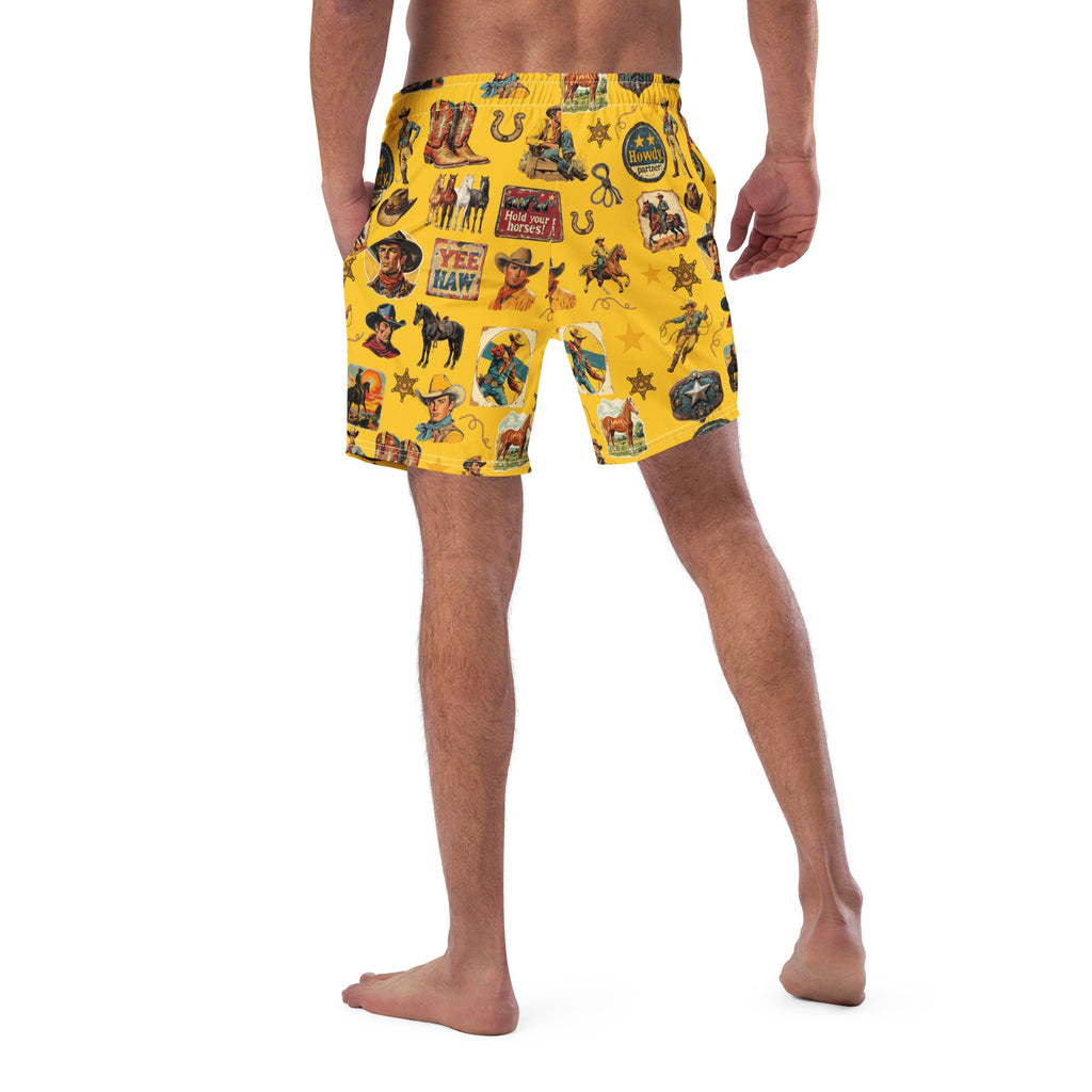 Baha Ranch Yeehaw Vintage Cowboy Collage Mustard Swim Trunks