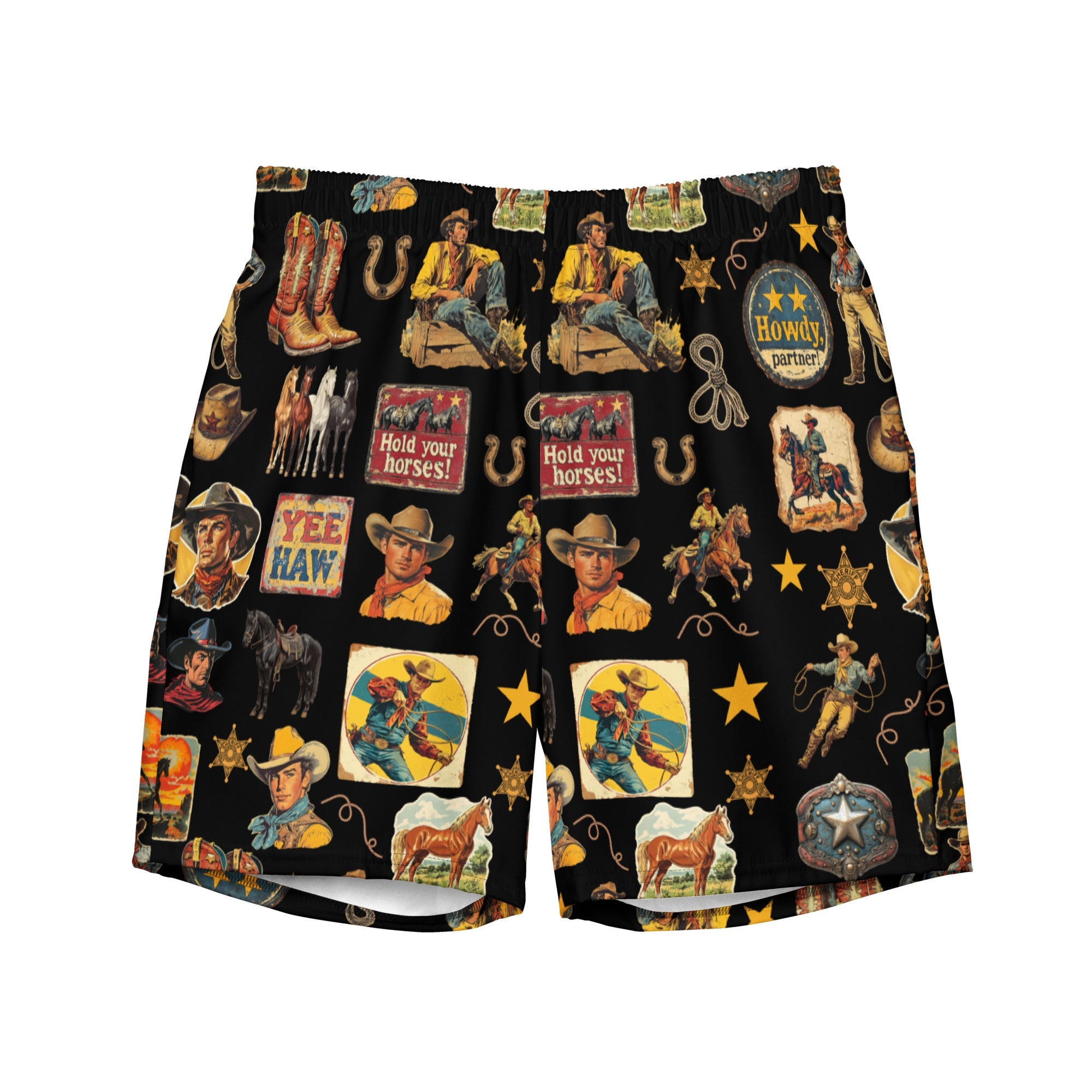 Baha Ranch YEEHAW Vintage Cowboy Collage Western Swim Trunks Shorts