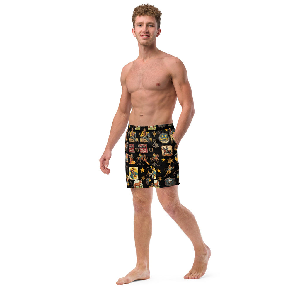 Baha Ranch YEEHAW Vintage Cowboy Collage Western Swim Trunks Shorts