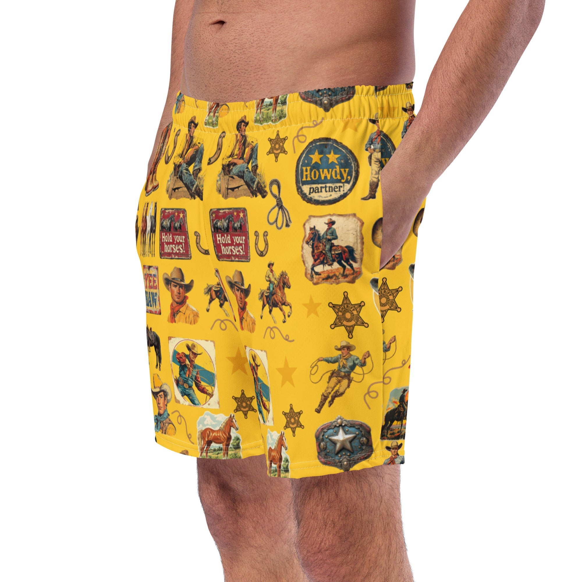 Baha Ranch YEEHAW Vintage Cowboy Collage Western Swim Trunks Shorts