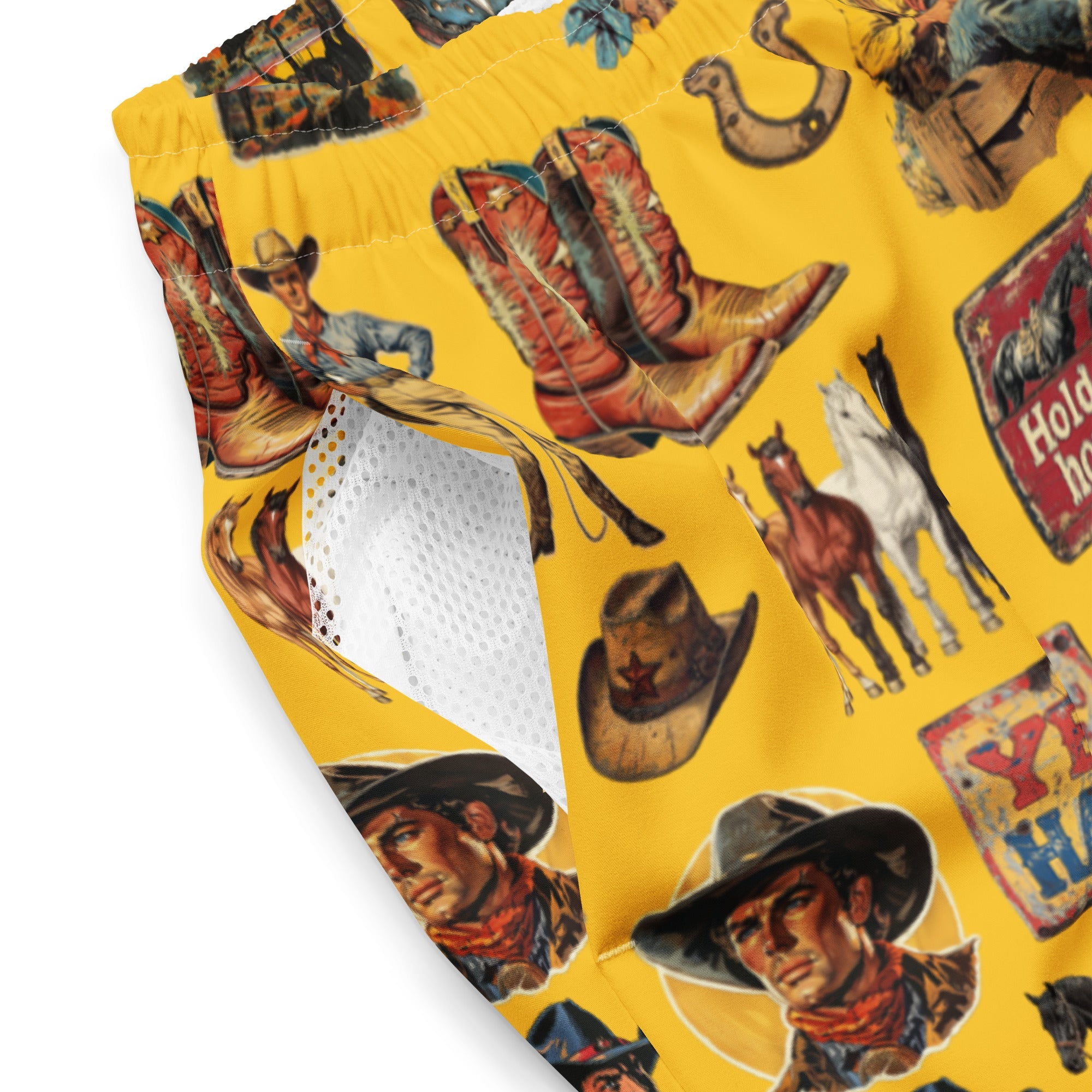 Baha Ranch YEEHAW Vintage Cowboy Collage Western Swim Trunks Shorts