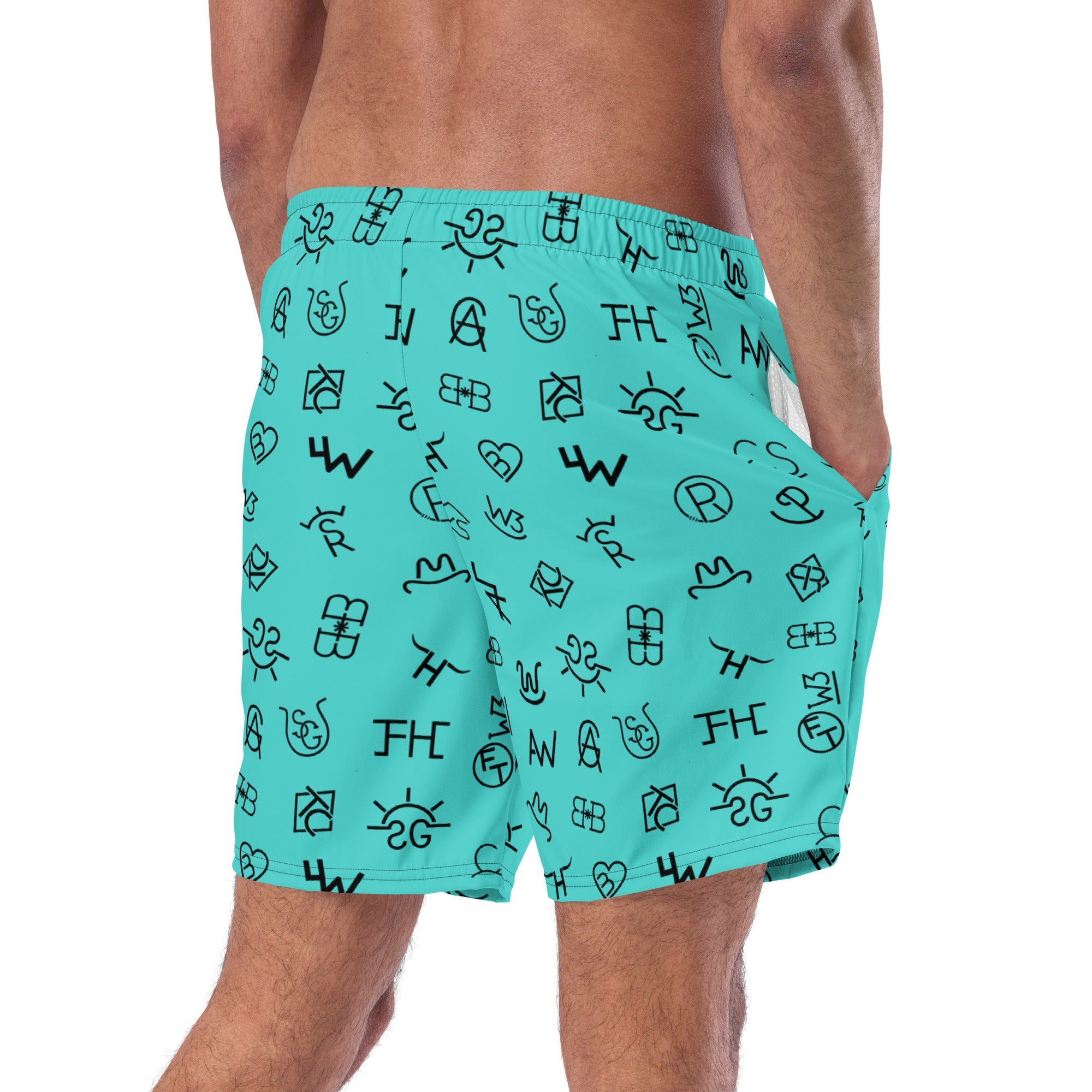 Baha Ranch Yeehaw Turquoise Cattle Brands Men's Swim Trunks