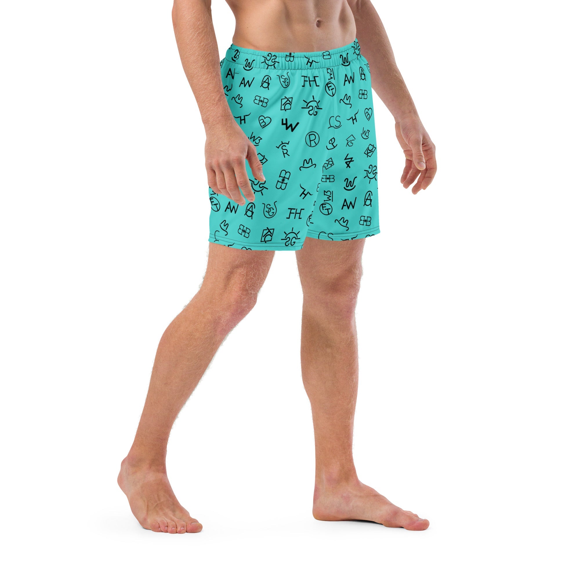 Baha Ranch Yeehaw Turquoise Cattle Brands Men's Swim Trunks