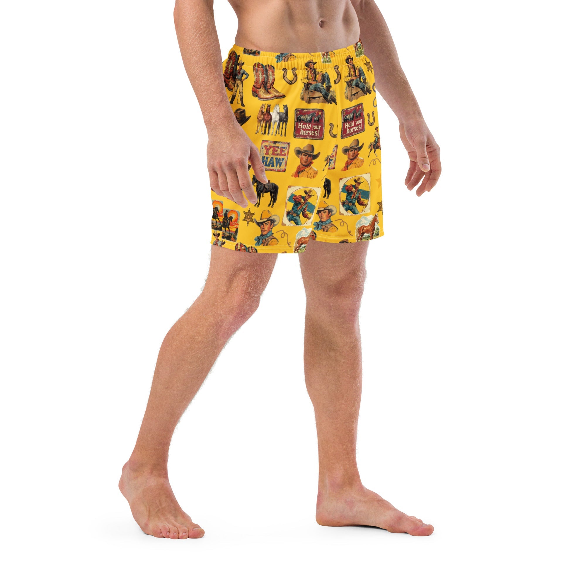 Baha Ranch YEEHAW Vintage Cowboy Collage Western Swim Trunks Shorts